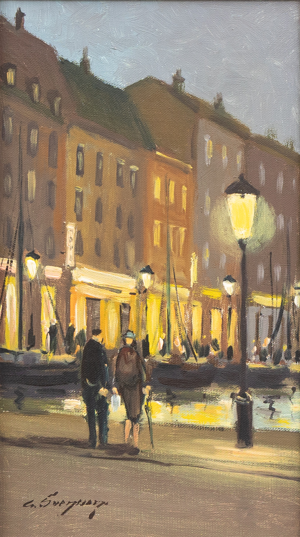 OIDENTIFIERAD KONSTNÄR. Kväll vid hamnen, olja på duk, otydligt signerad.