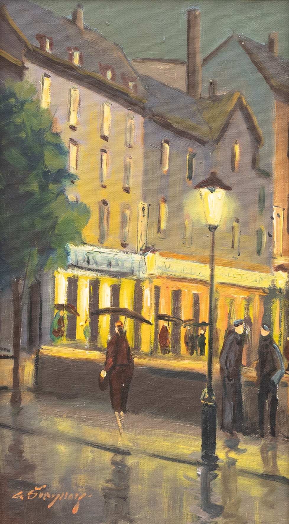 OIDENTIFIERAD KONSTNÄR. Kvällsflanörer, olja på duk, otydligt signerad.