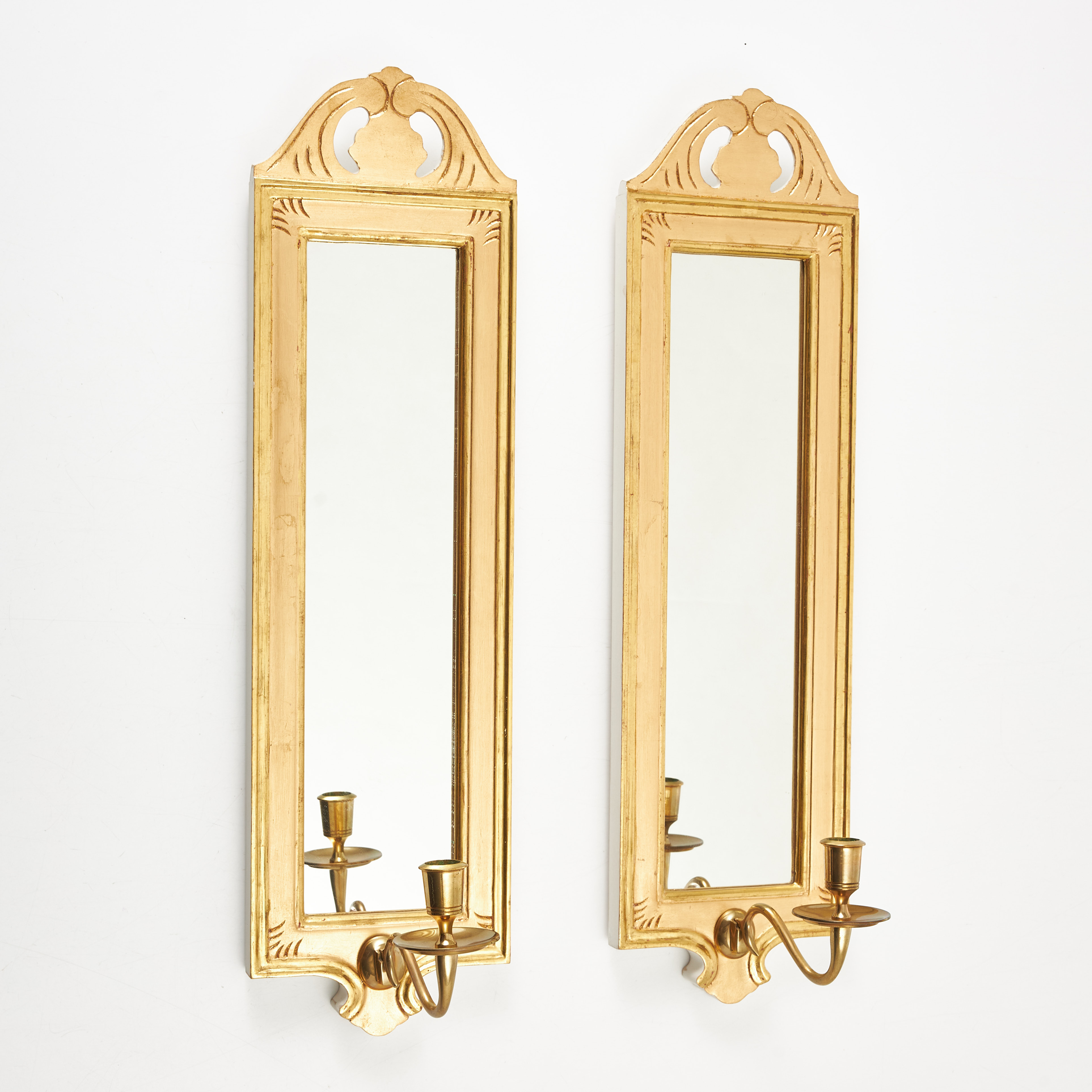 SPEGELLAMPETTER, 1 par, "Regnaholm", IKEA:s 1700-talsserie, förgyllda, för 1 ljus vardera, genombrutet krön, ca 58x16 cm.