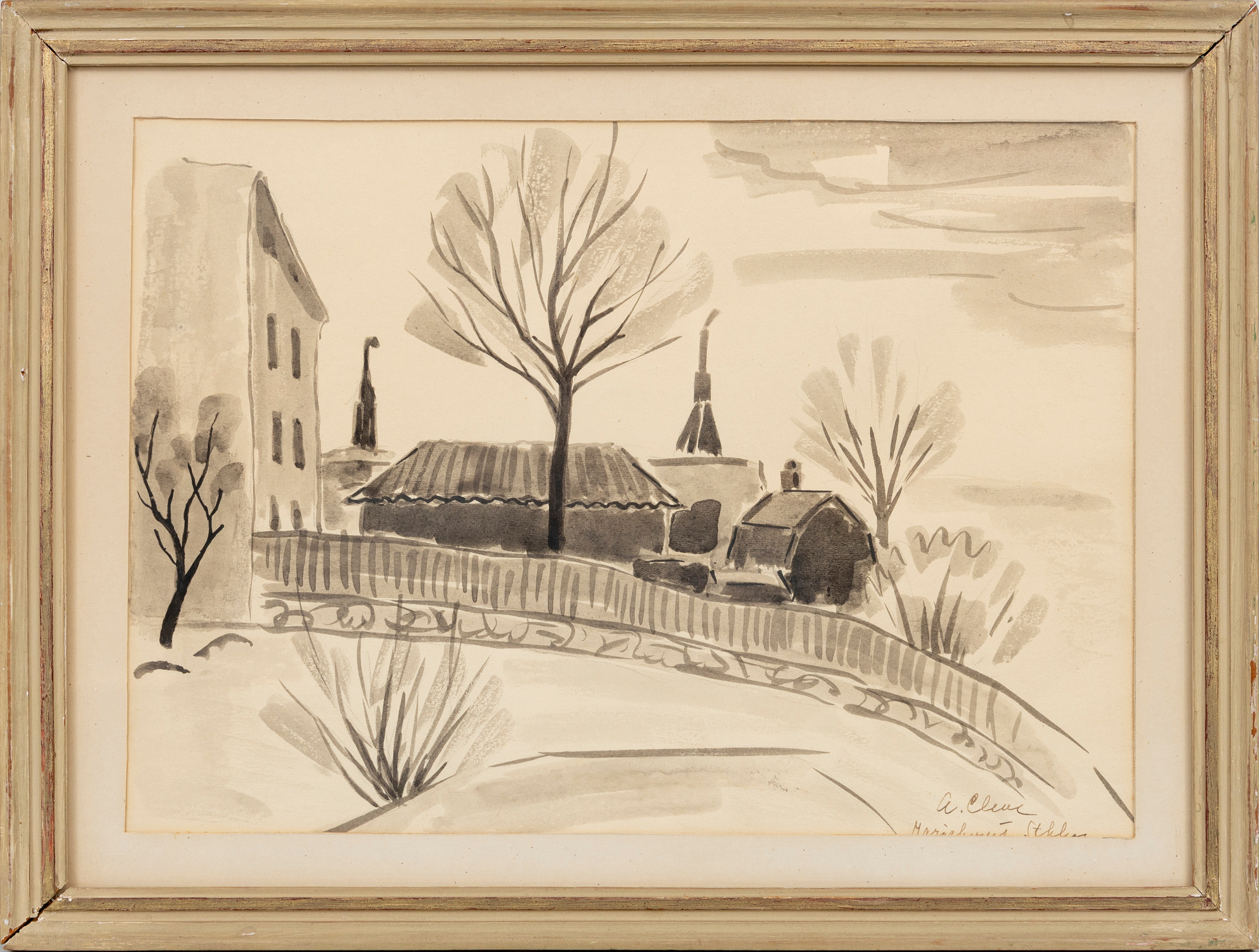 AGNES  CLEVE. "Mariaberget Stockholm", tuschteckning, signerad A.Cleve.