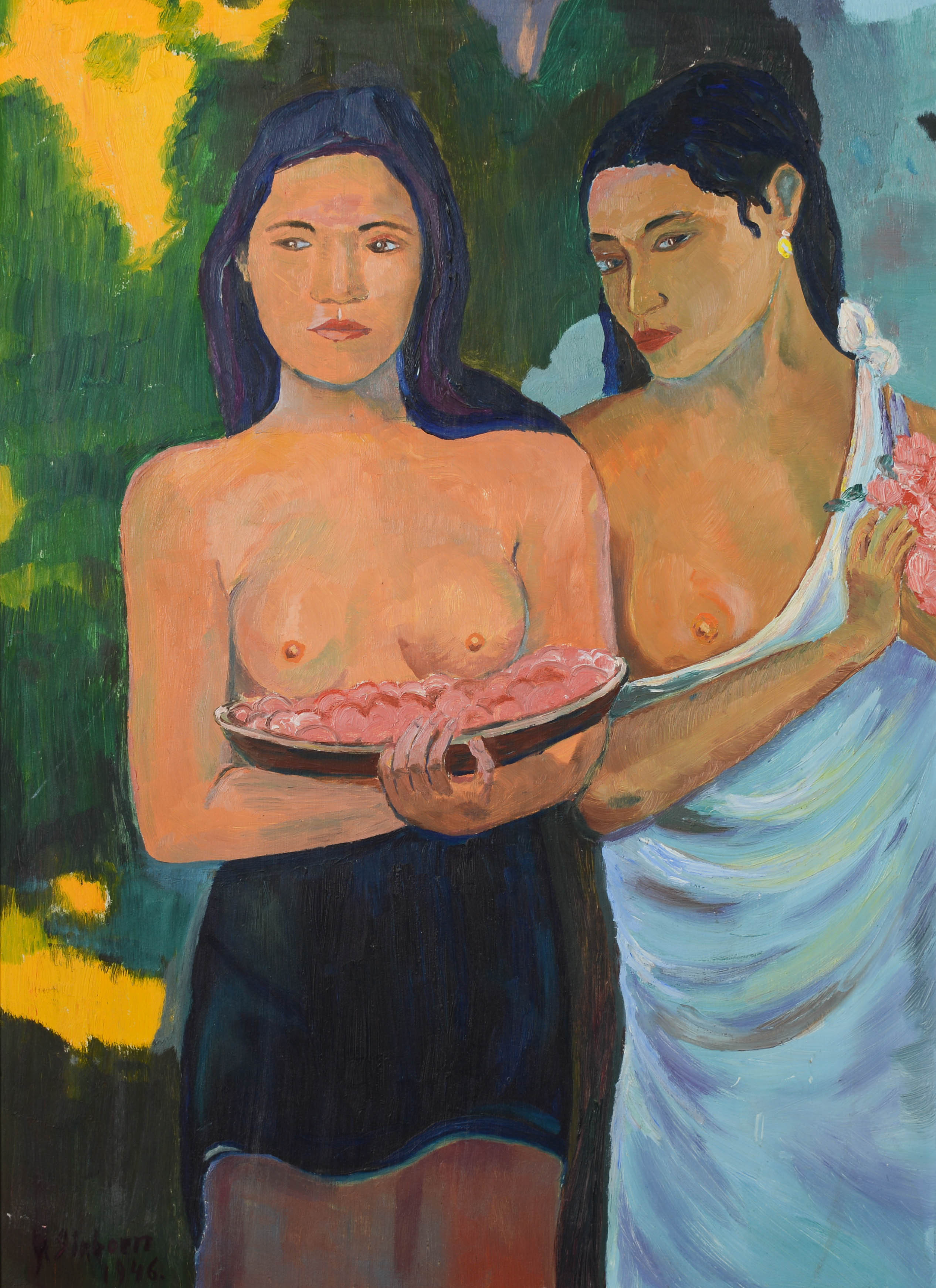 OIDENTIFIERAD KONSTNÄR. Tahitiska kvinnor, olja på pannå, signerad Sörborn, daterad 1946.