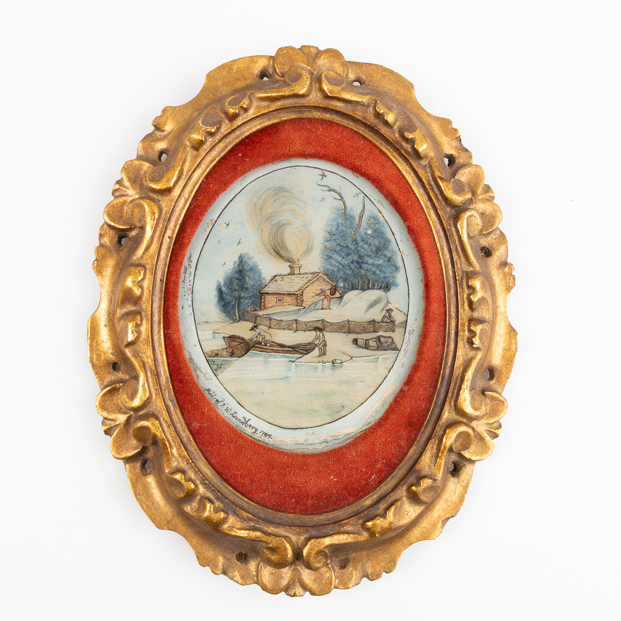 GLASMÅLNING, motiv av stuga med fiskare, signerad J W Lundberg 1797.