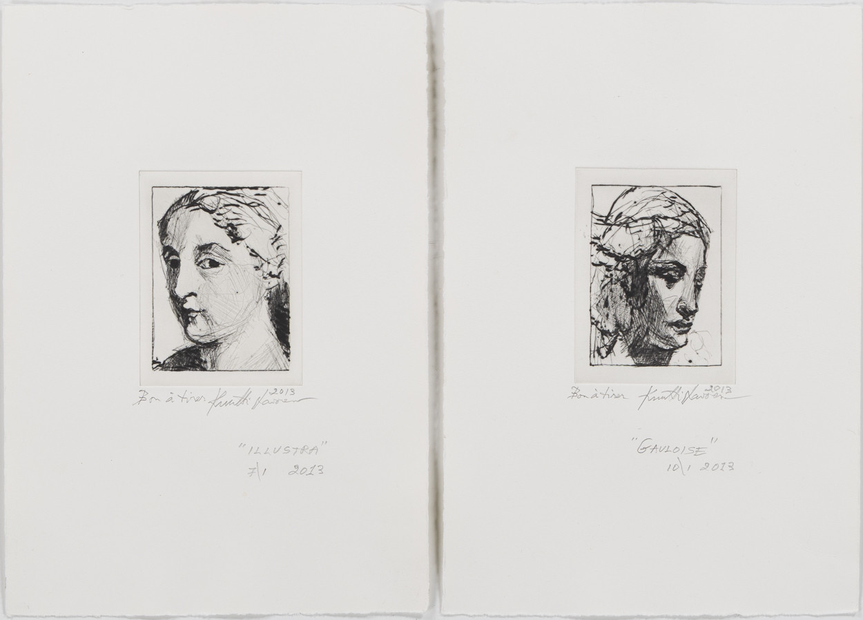 KUUTTI LAVONEN. "Illustra" och "Gauloise", etsningar, 2 stycken, oramade blad.