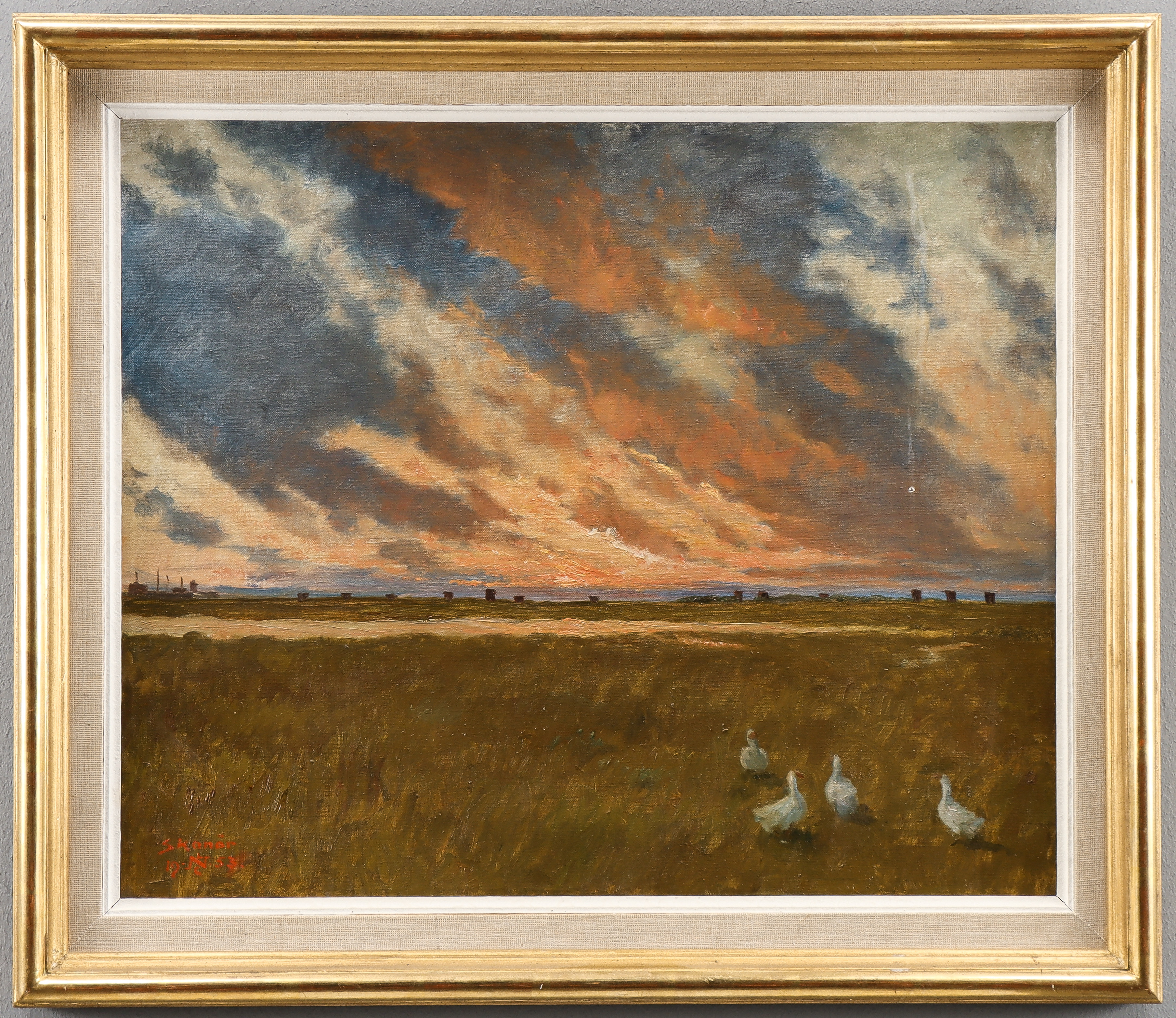 CARL LEOPOLD NIELSEN. "Skanör" Skymningslandskap med gäss.