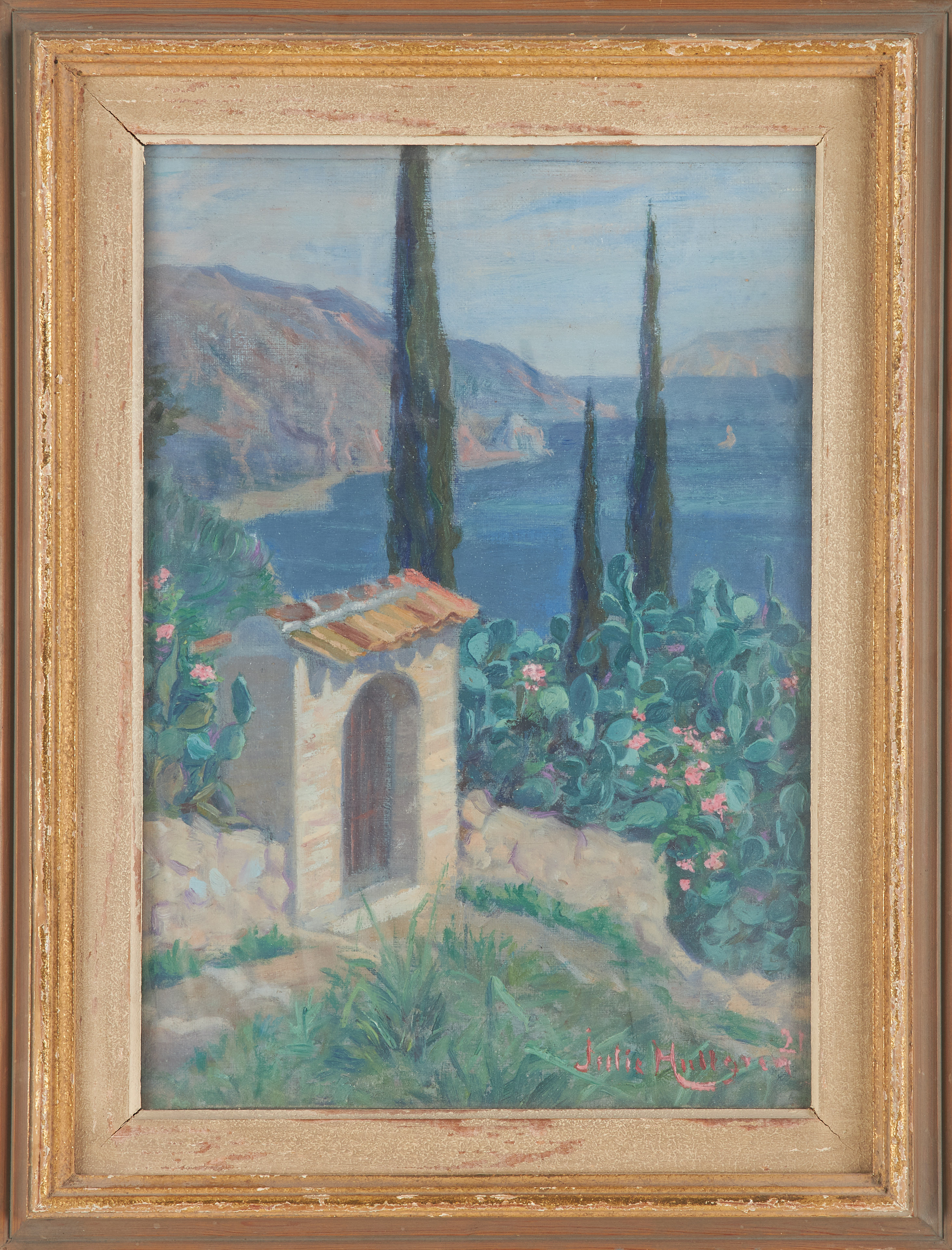 JULIE HULTGREN. Sydländskt motiv, olja på duk, uppfodrad på pannå, signerad, daterad -21.