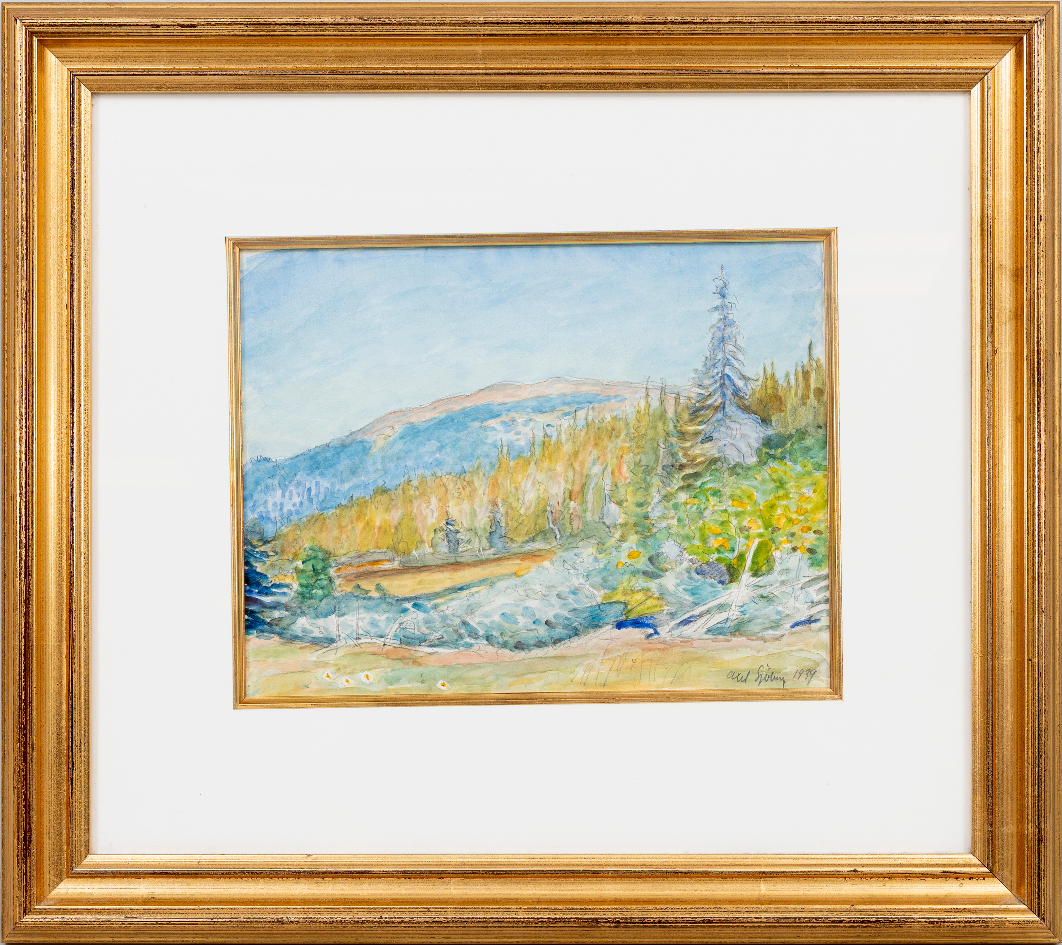 AXEL SJÖBERG (1866-1950). Landskapsmotiv, akvarell på papper, signerad, daterad 1939.