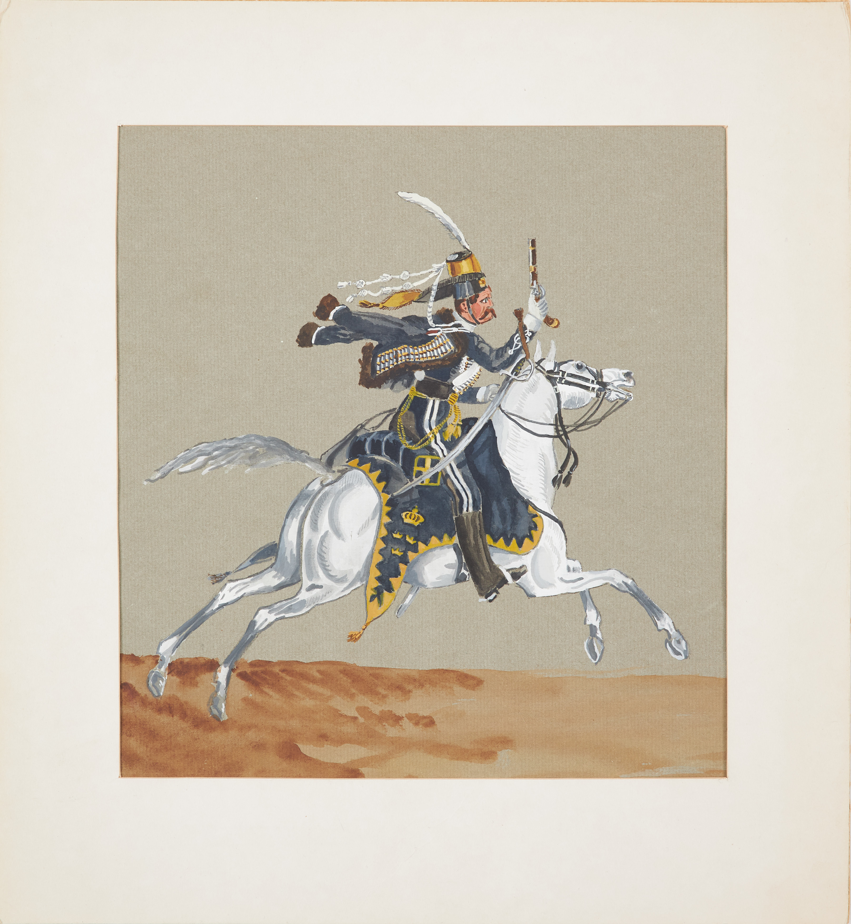OKÄND KONSTNÄR. Militärt motiv, man till häst, gouache.