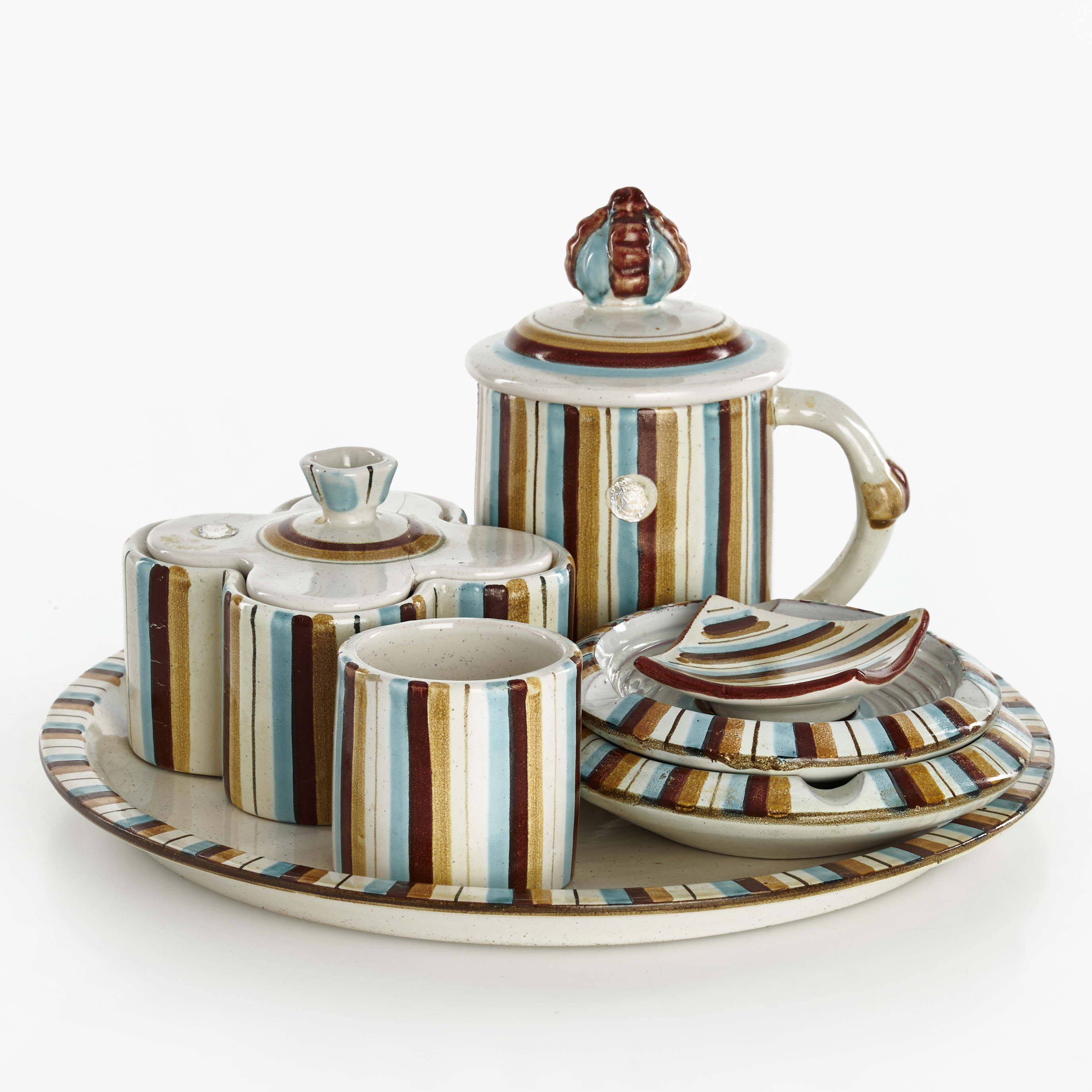 SERVIS, 7 delar, Bo Fajans, 1900-talets mitt, randig dekor på lergods.