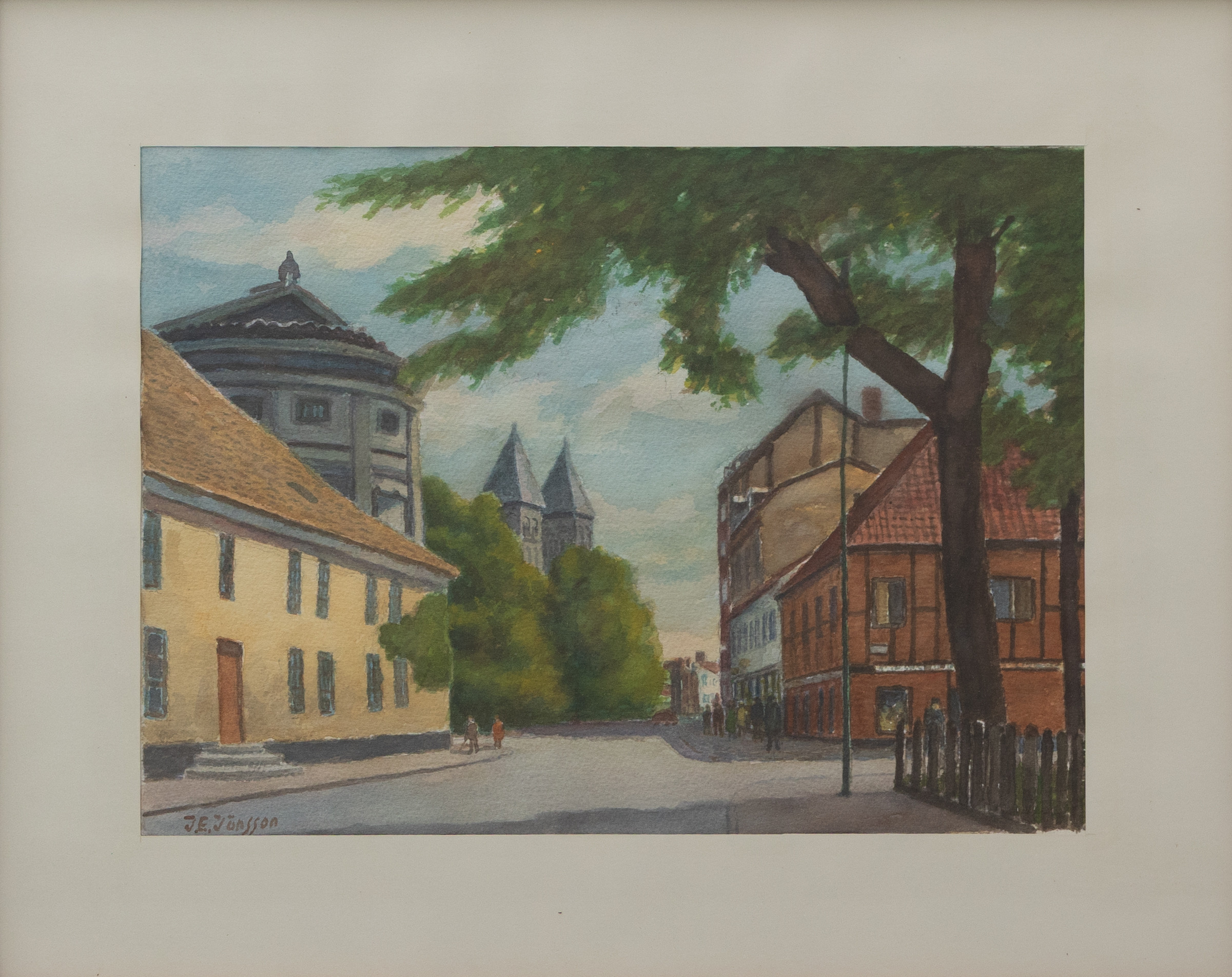 JOHN ERIK JÖNSSON. Bredgatan i Lund, akvarell, signerad.