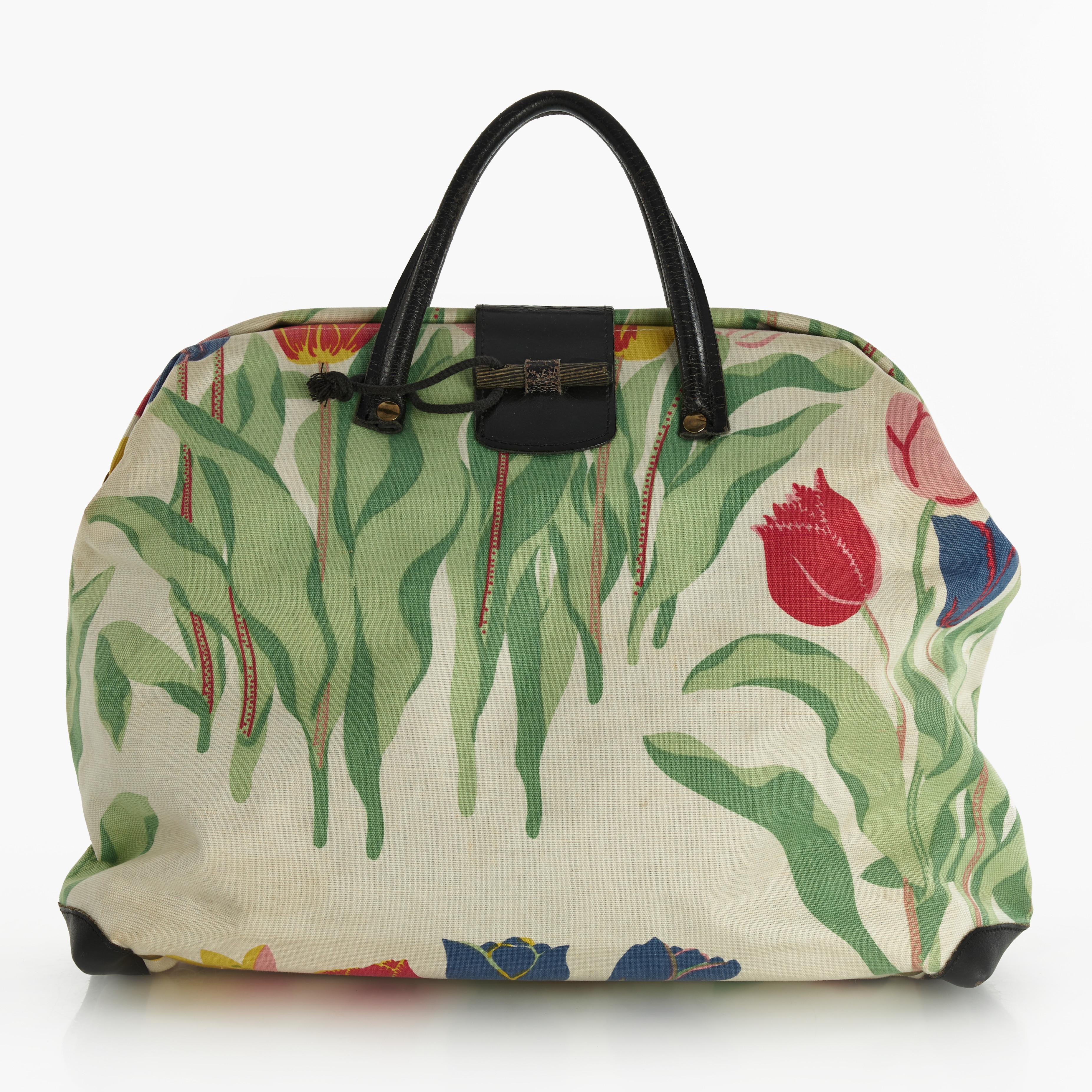 VÄSKA, i mönstret "Tulpan" av Josef Frank, detaljer i svart läder, 1900-tal.