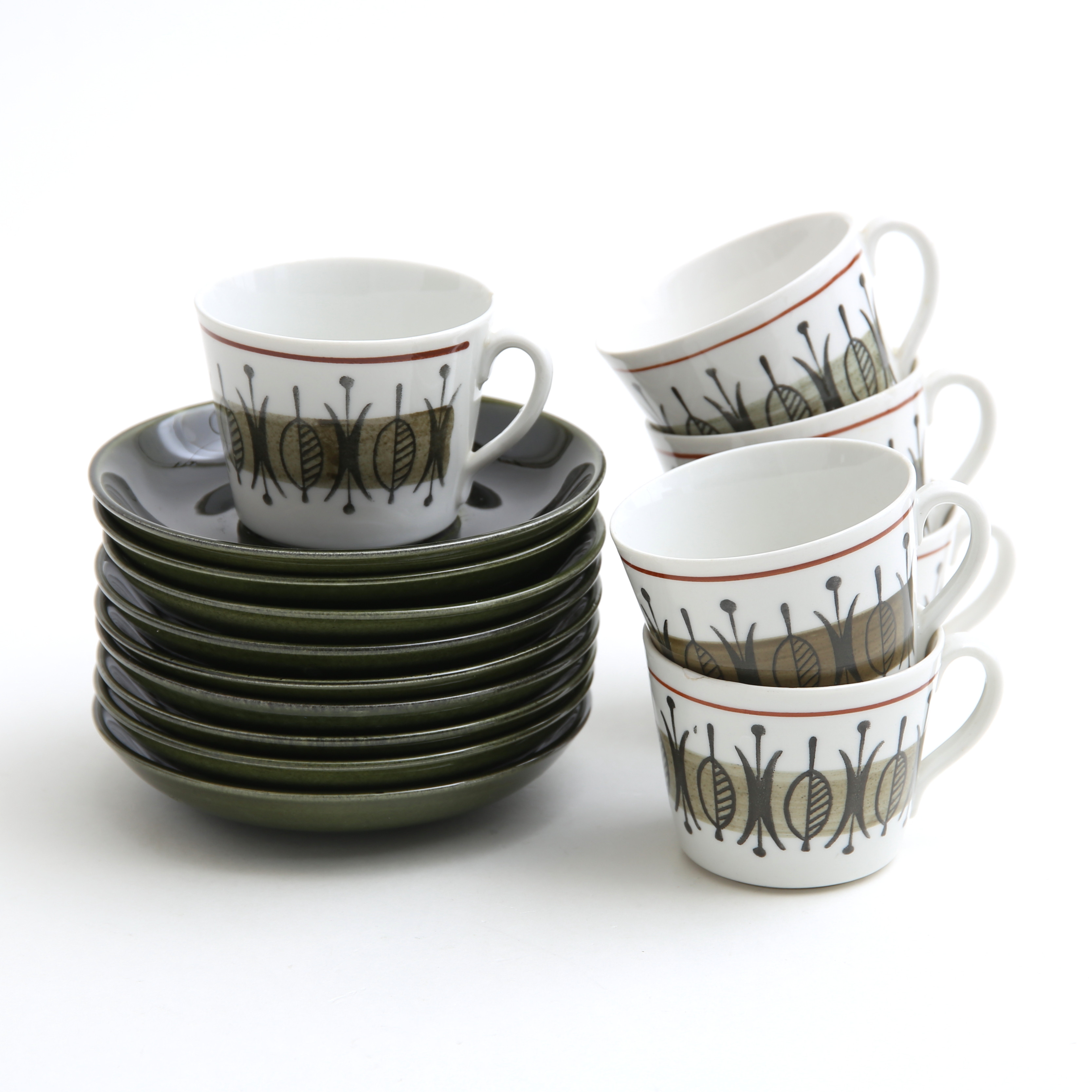 HELMER RINGSTRÖM. Kaffekoppar med fat, "Safari", 15 delar, Gefle, 1960-tal.