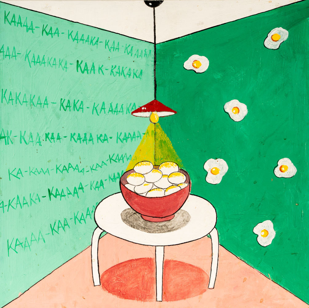 OKÄND KONSTNÄR. Olja på pannå, "kök med bord o stekta ägg".