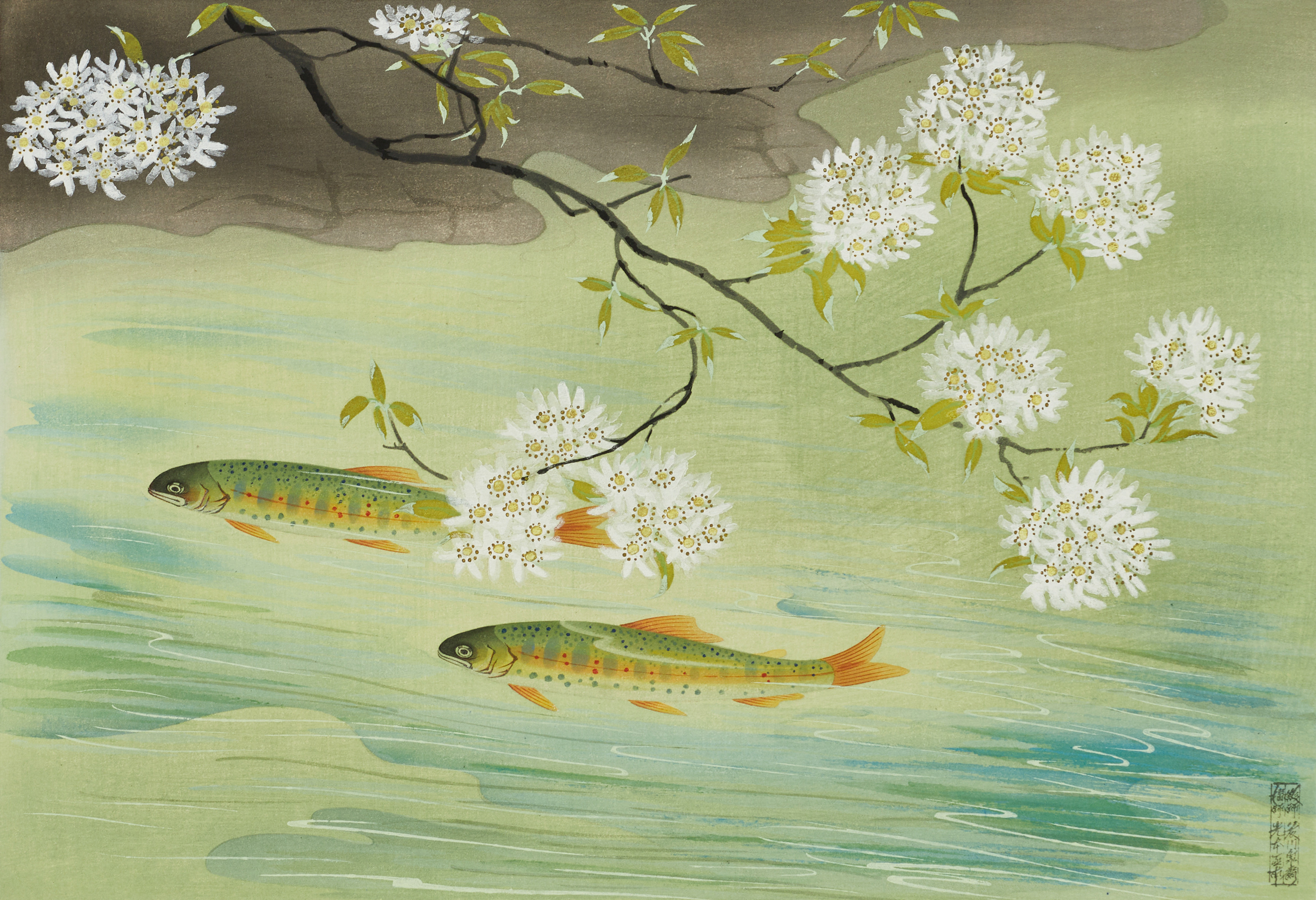 BAKUFU OHNO (Japan 1888-1976), "Rainbow trout". Japanskt träsnitt "Shin hanga".