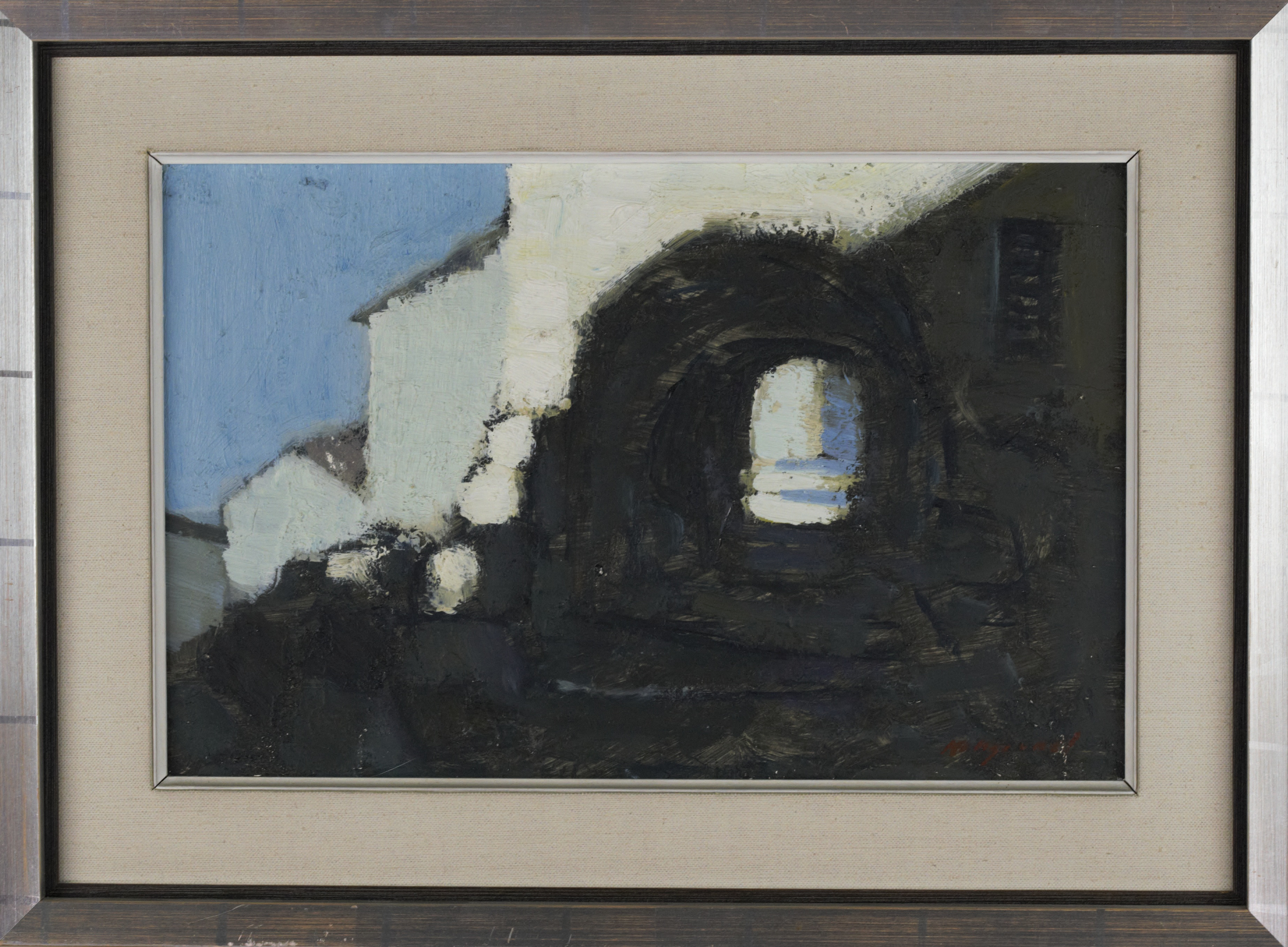 BENGT HILLGRUND. Olja på pannå, portal och trappa, signerad.