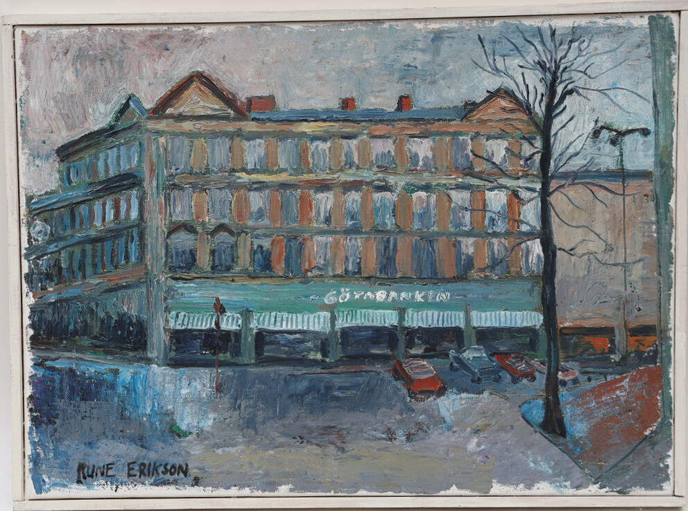RUNE ERIKSSON. Motiv från Götabanken, olja på duk, signerad.
