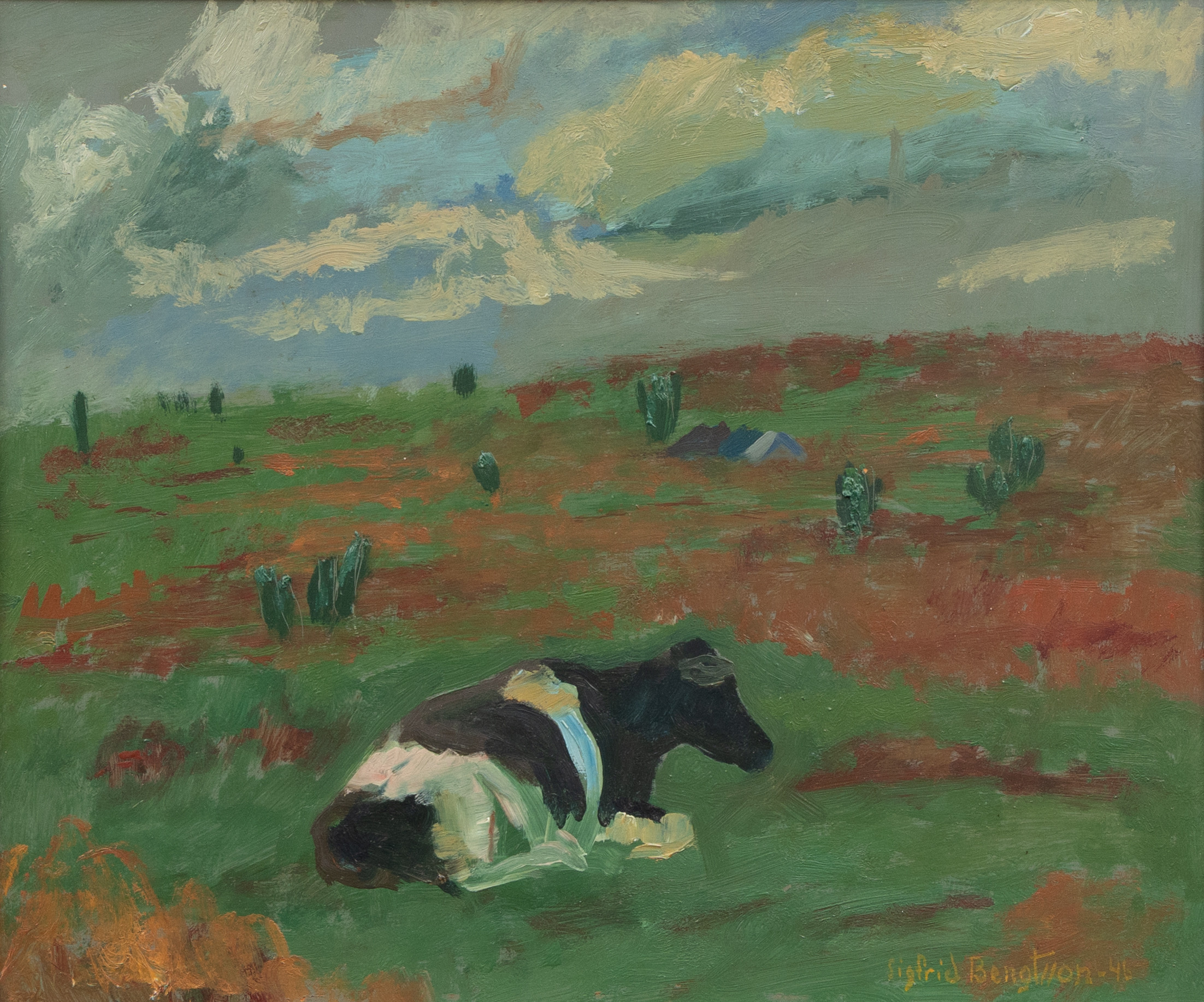 SIGFRID  BENGTSSON (1898-1985). Vilande ko i landskap, olja på pannå, signerad och daterad -46.