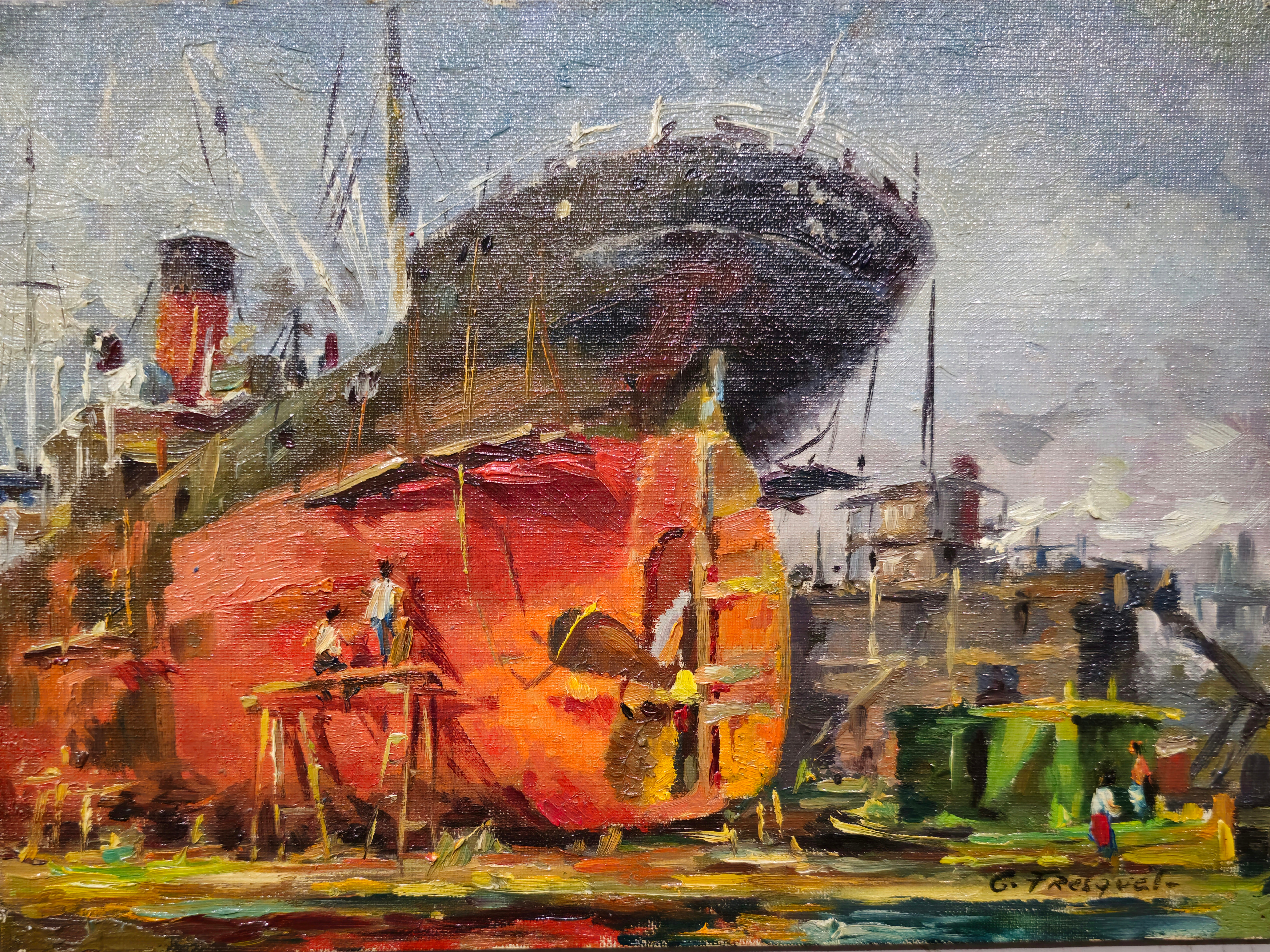 GUILLEM FRESQUET BARDINA. ASTILLERO. ÓLEO SOBRE TABLEX.