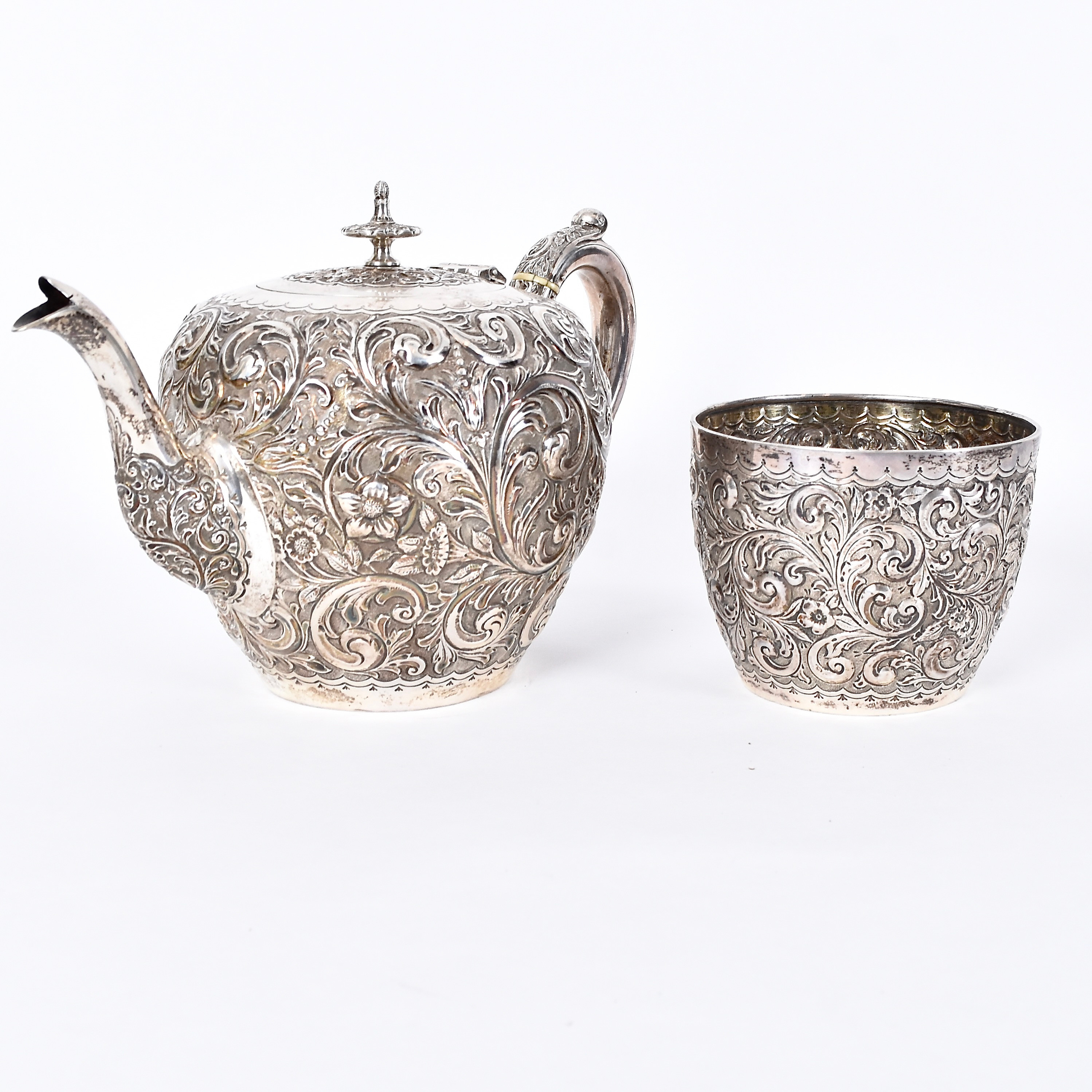 THEKANNA, GRÄDDKANNA SAMT SPILKUM, sterlingsilver, John Alexander Fettes Glasgow 1922.