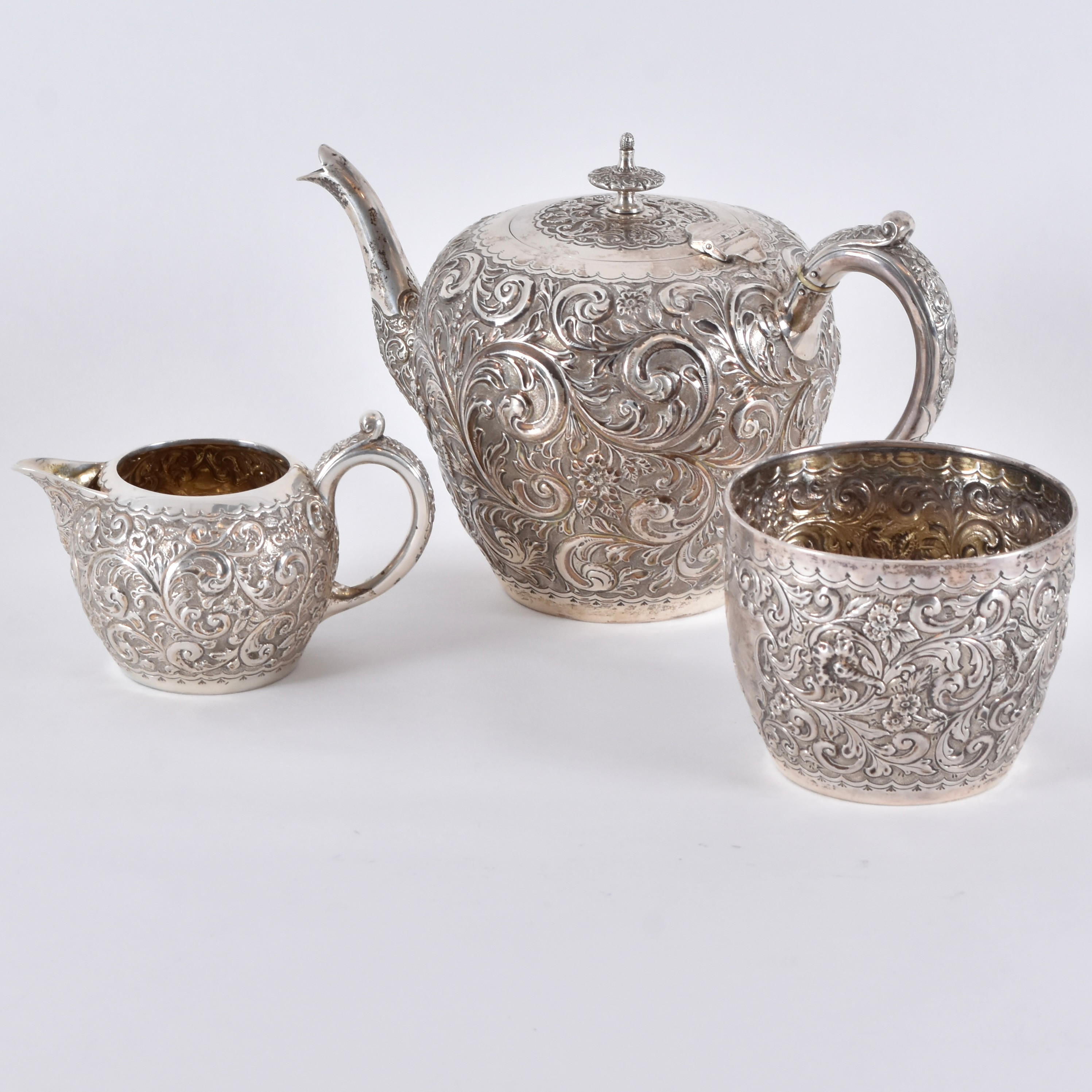THEKANNA, GRÄDDKANNA SAMT SPILKUM, sterlingsilver, John Alexander Fettes Glasgow 1922.