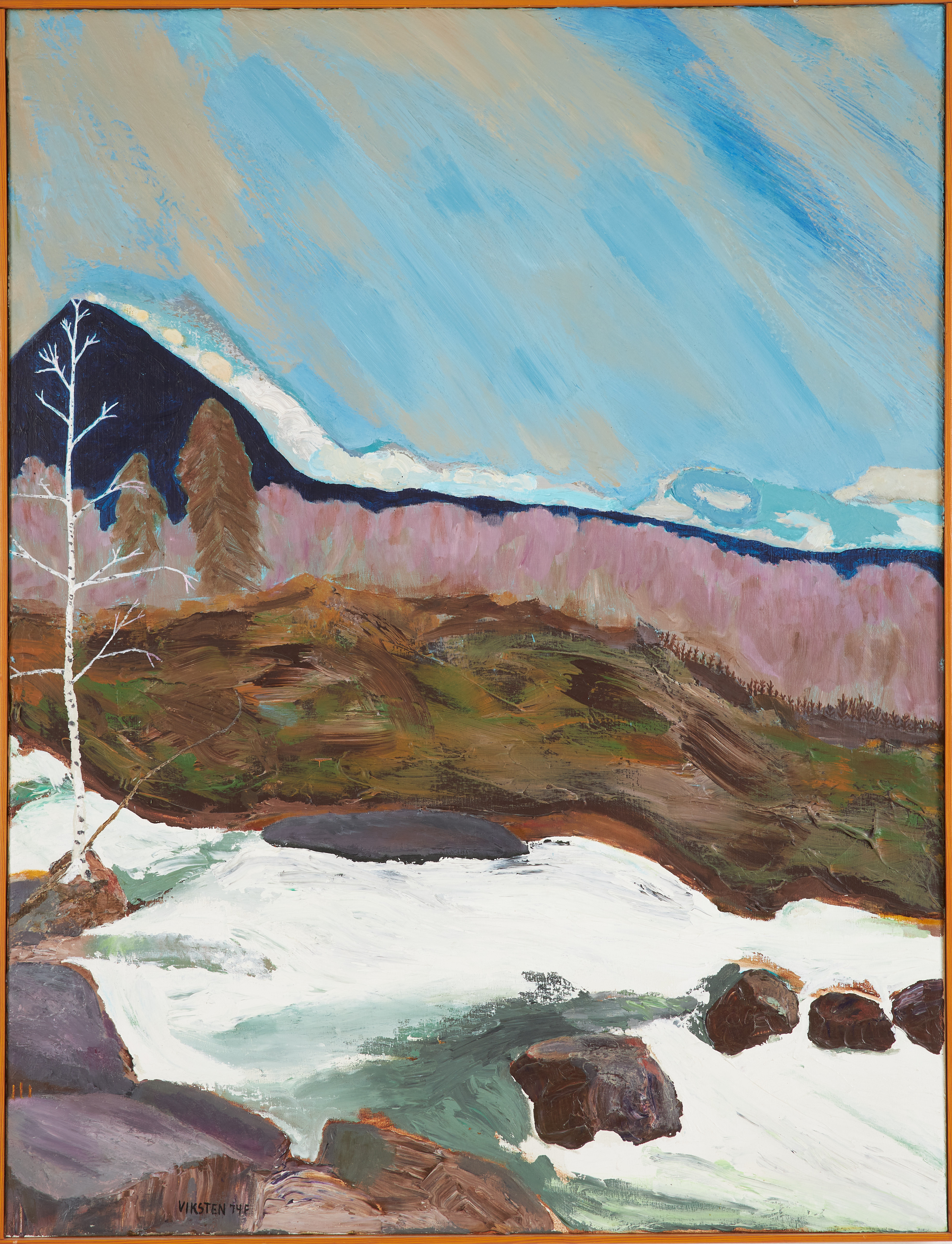 HANS VIKSTEN. "Vårbäcken, en norrländsk hyllning", olja på duk, signerad och daterad 74 F.