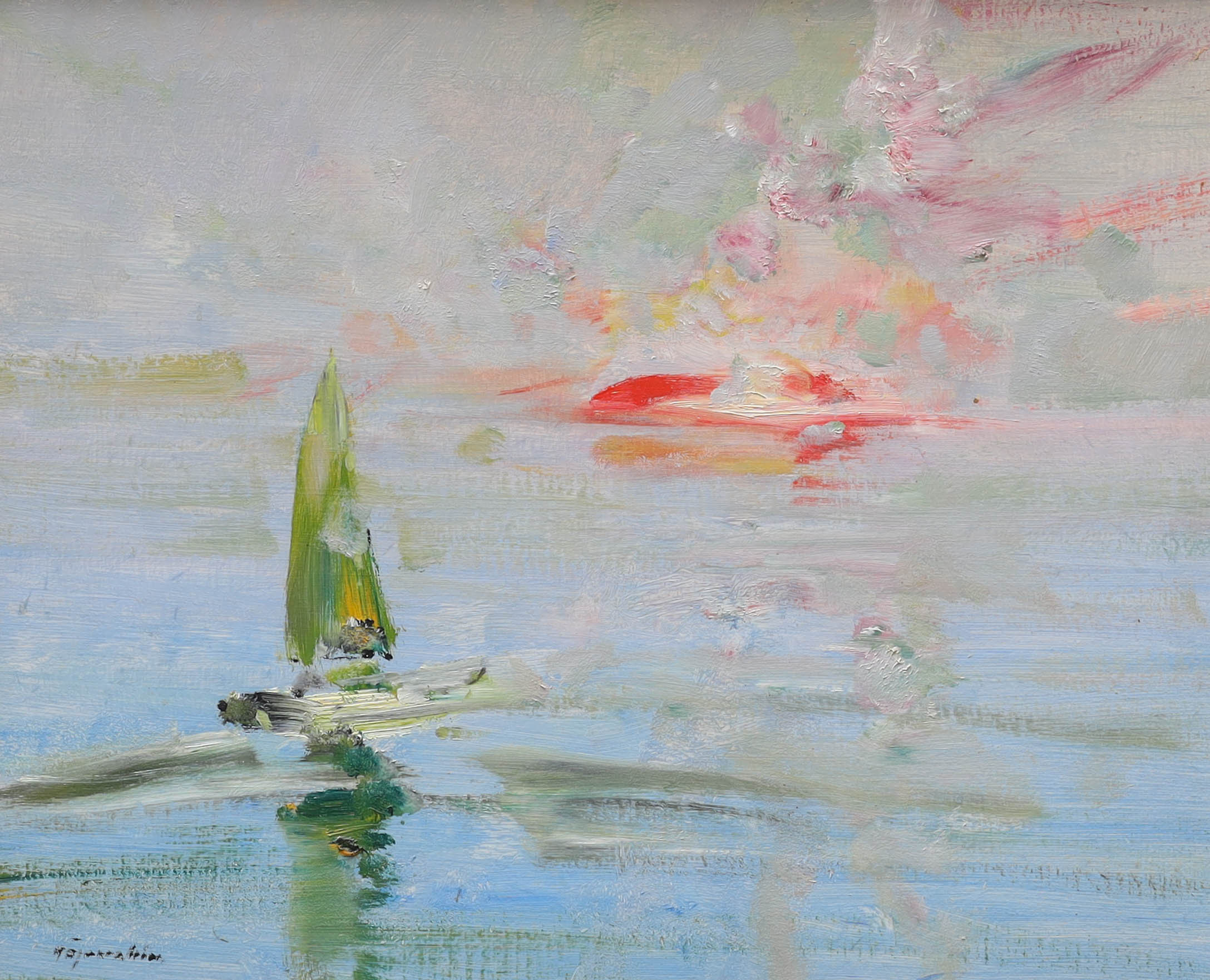 HUGO ÖFVERSTRÖM. olja på pannå, segelbåt i skymmning, signerad H Öfverström.