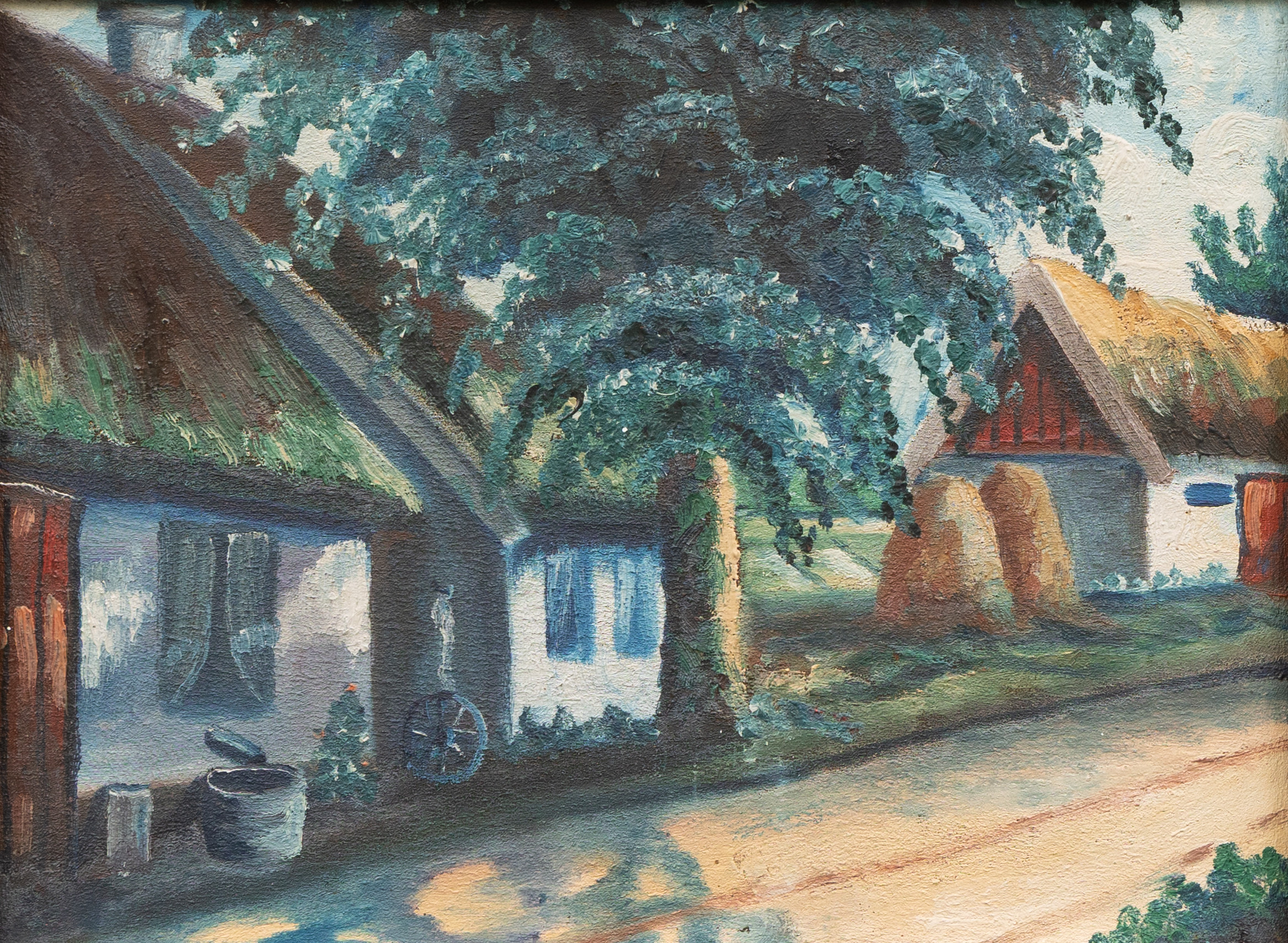 OKÄND KONSTNÄR. Hus vid bygata, olja på duk, osignerad.