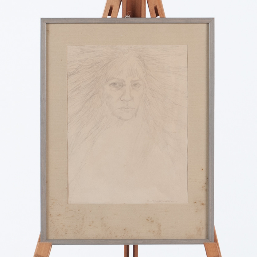 EVA BARTHOLDSSON. Självporträtt, blyerts, signerad.