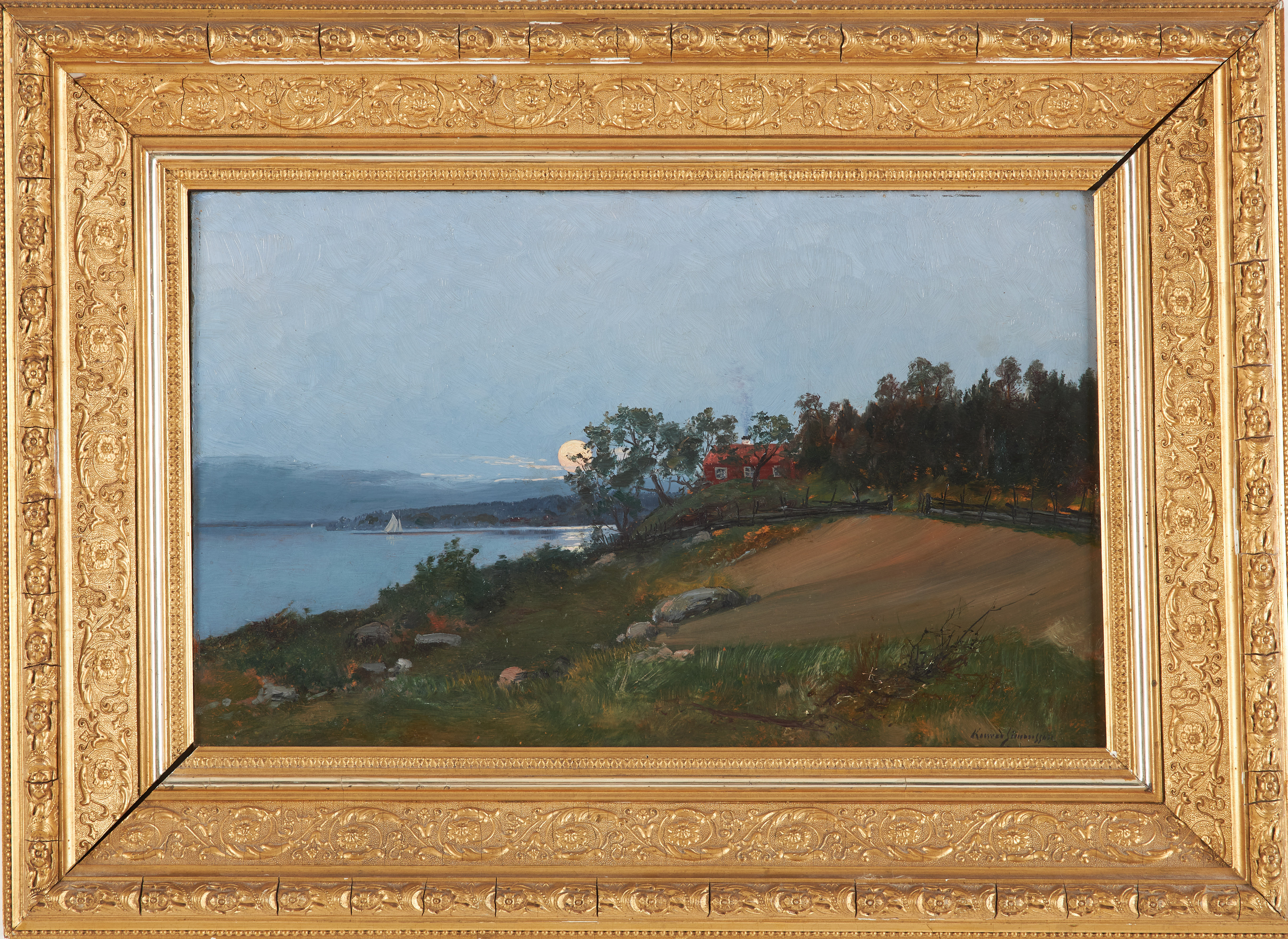 KONRAD SIMONSSON (1843-1911). Skärgårdsmotiv, månsken, olja på pannå, signerad Konrad Simonsson.