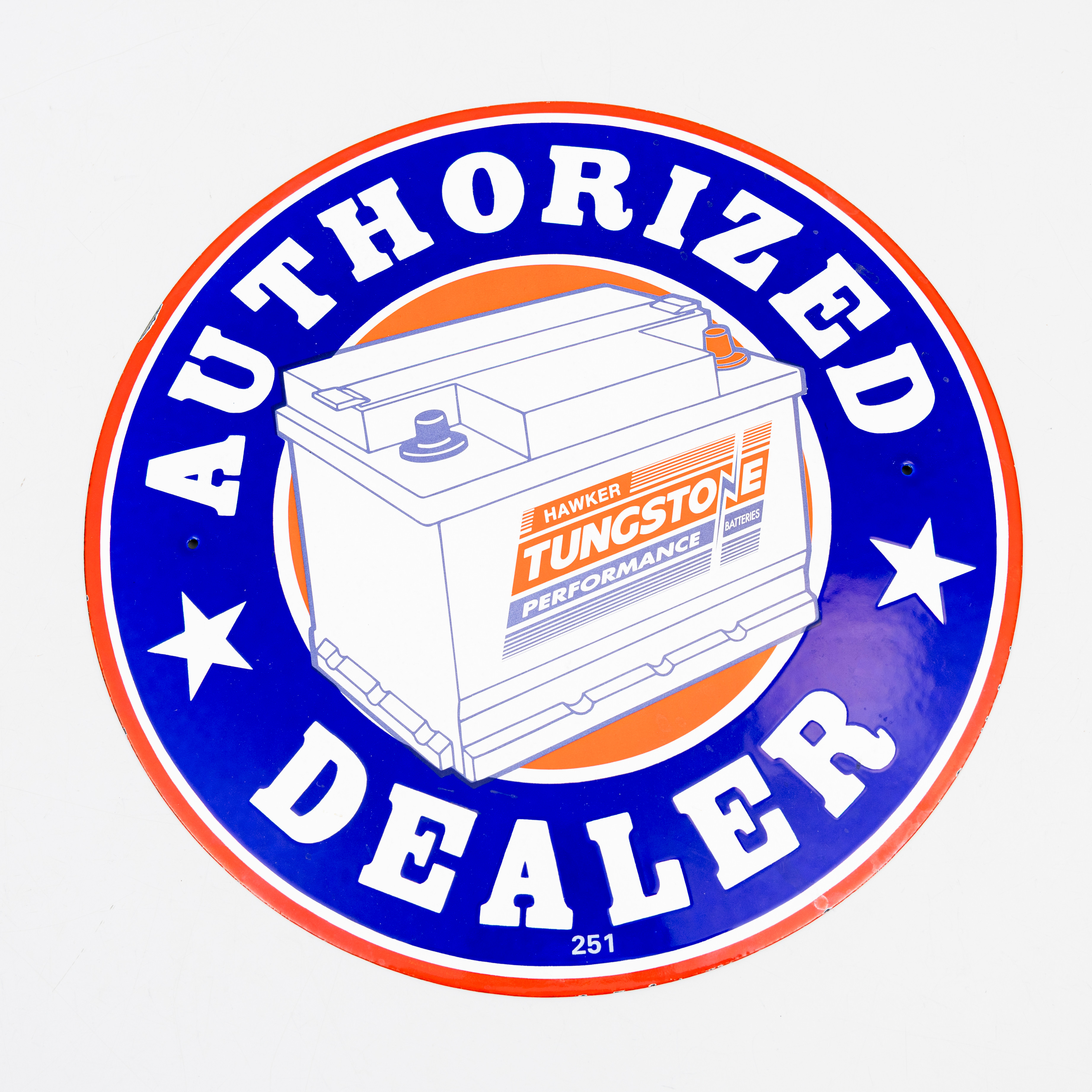 REKLAMSKYLT, emaljerad plåt, Hawker Tungstone Performance Batteries, 1900-talets andra hälft.
