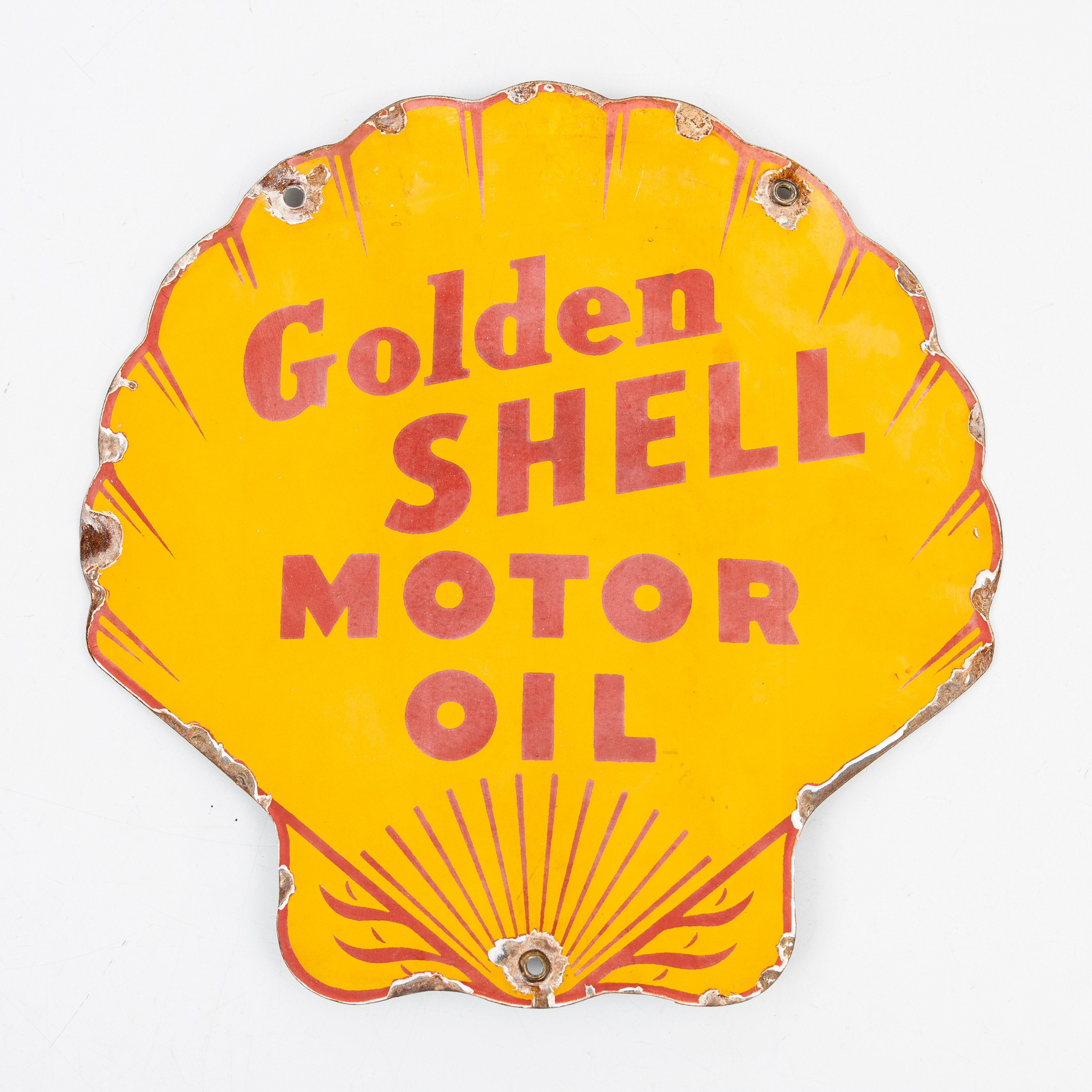 REKLAMSKYLT, emaljerad plåt, Godlen Shell Motor Oil, 1900-talets mitt.