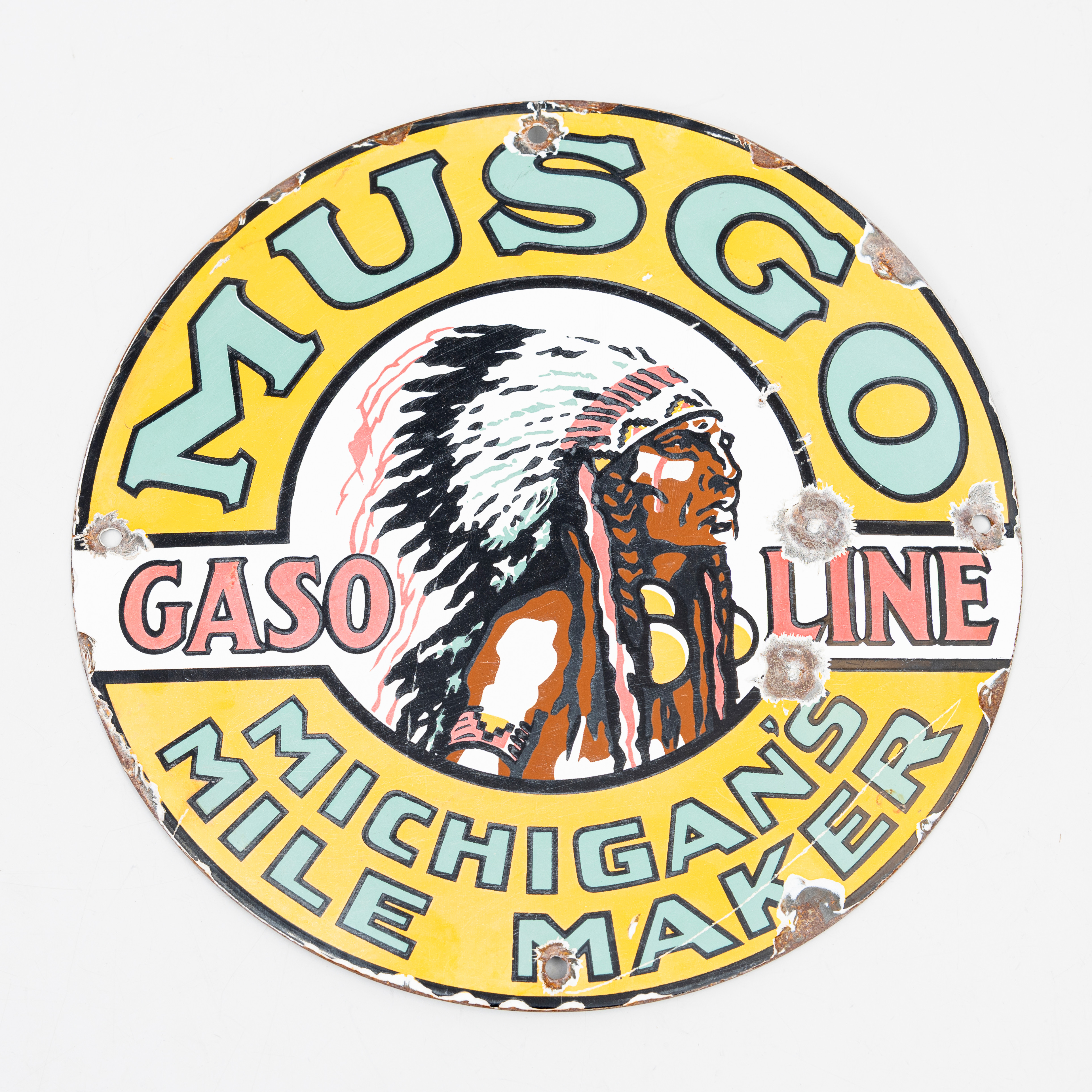 REKLAMSKYLT, emaljerad plåt, Musgo Gasoline, 1900-talets mitt.