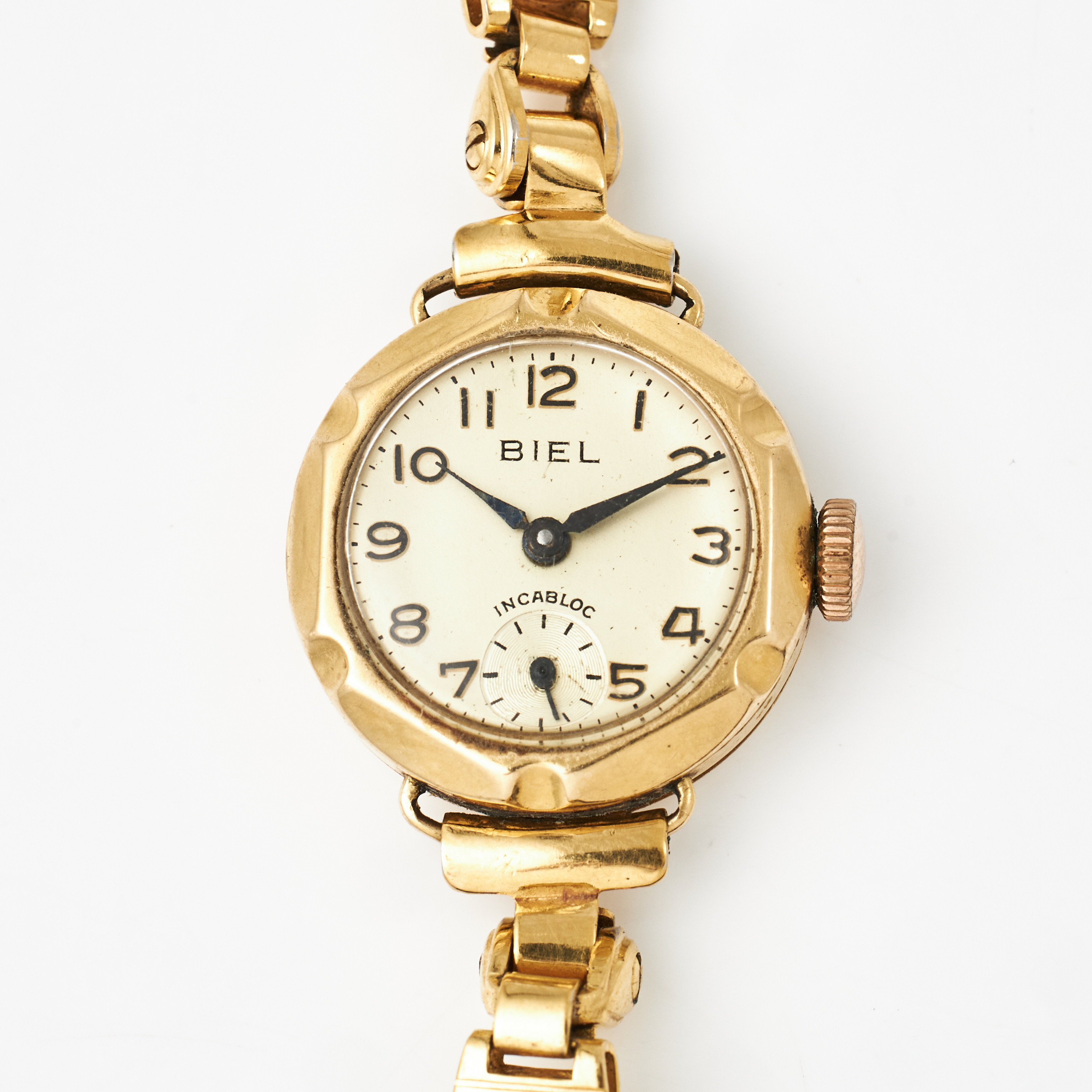 BIEL, armbandsur, 18 k guld, manuell, arabiska siffor, plexiglas, 1900-talets första hälft, armband, guldpläterat.