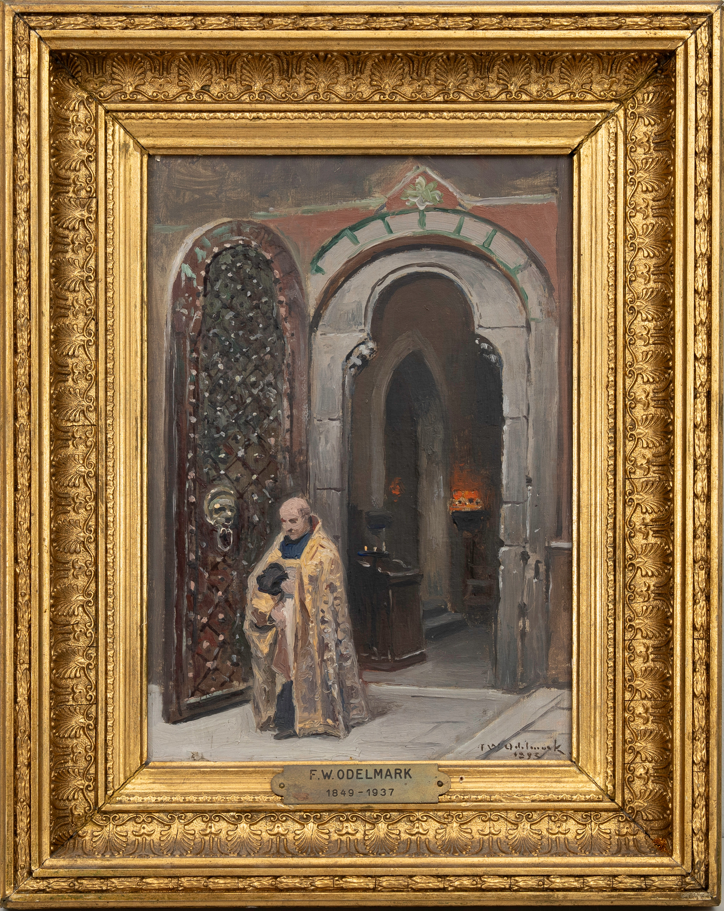 FRANS WILHELM ODELMARK. Präst vid port, olja på pannå, signerad, daterad 1893.
