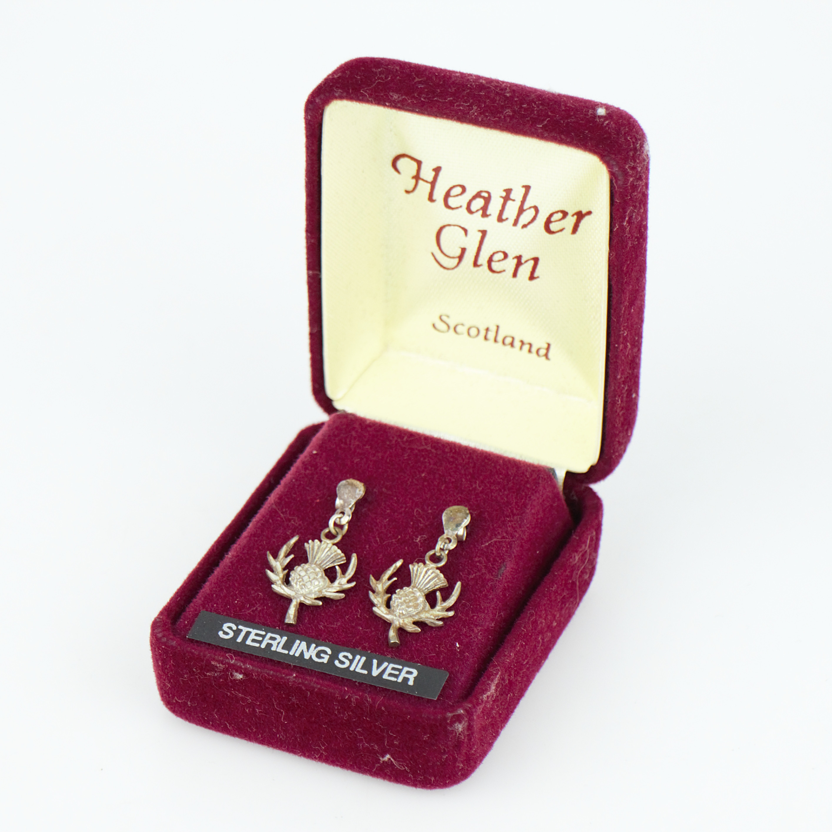 ÖRHÄNGEN i form av tistlar som är Skottlands nationalblomma, sterlingsilver, Heather Glen, Scotland.