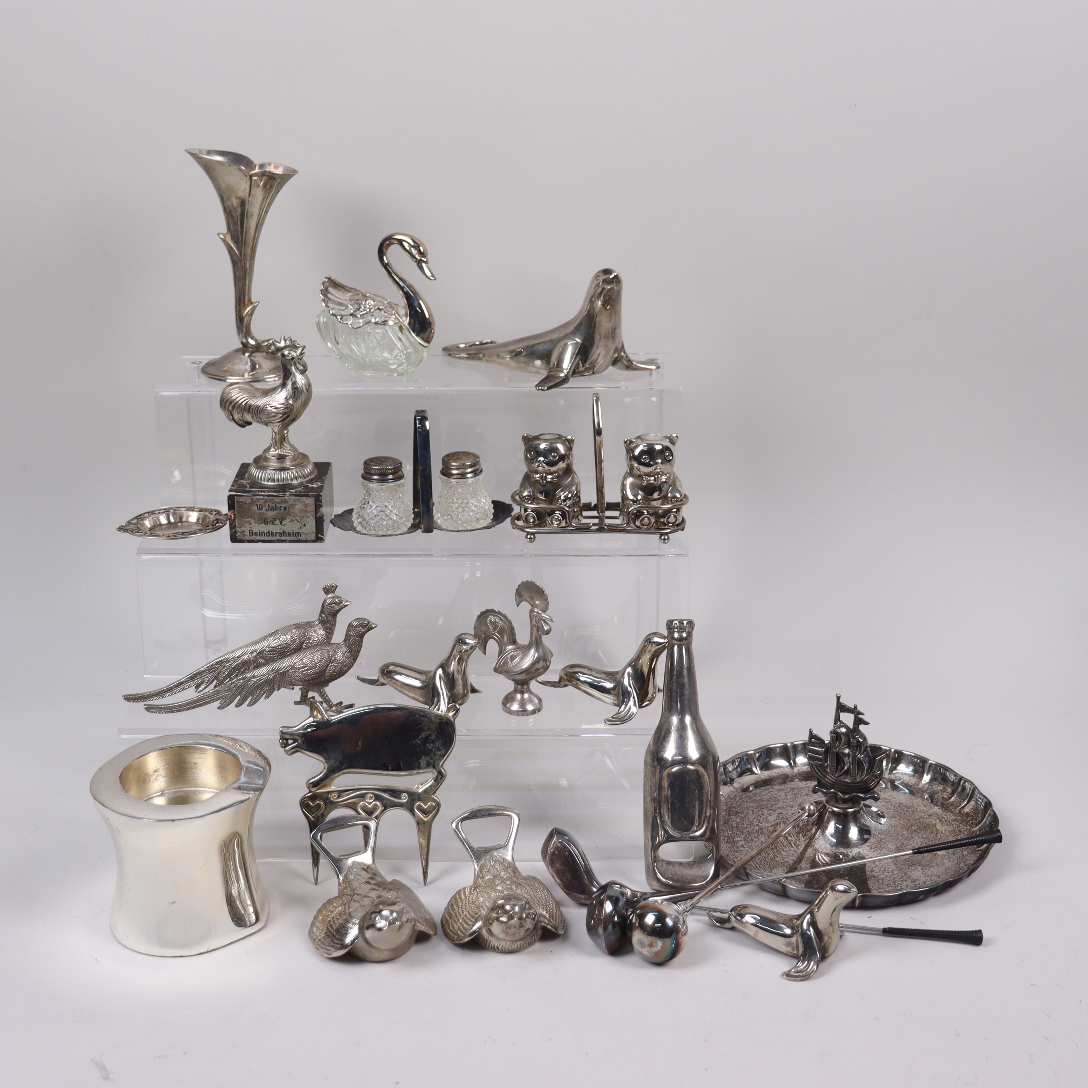 NYSILVER, diverse föremål, kapsylöppnare, vaser, fat, figurer mm.