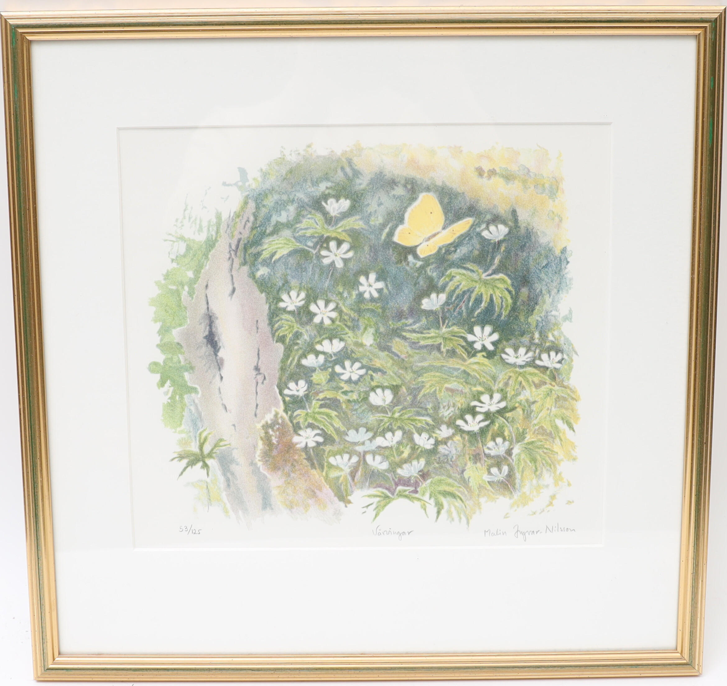 MALIN INGVAR NILSSON. "Vårvingar" Färglitografi, signerad och numrerad.