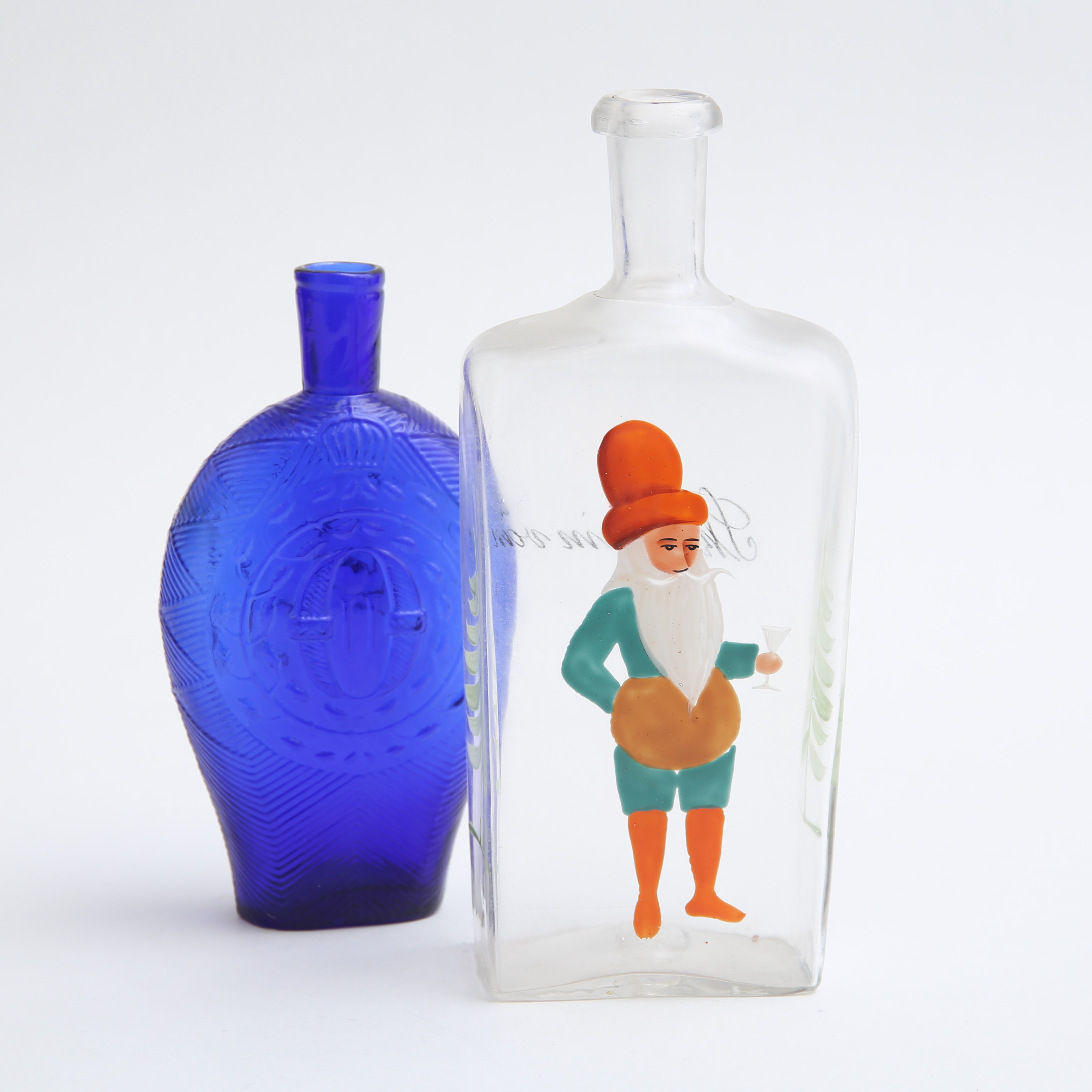 BRÄNNVINSFLASKA samt JAKTPLUNTA, glas, 1800/1900-tal.