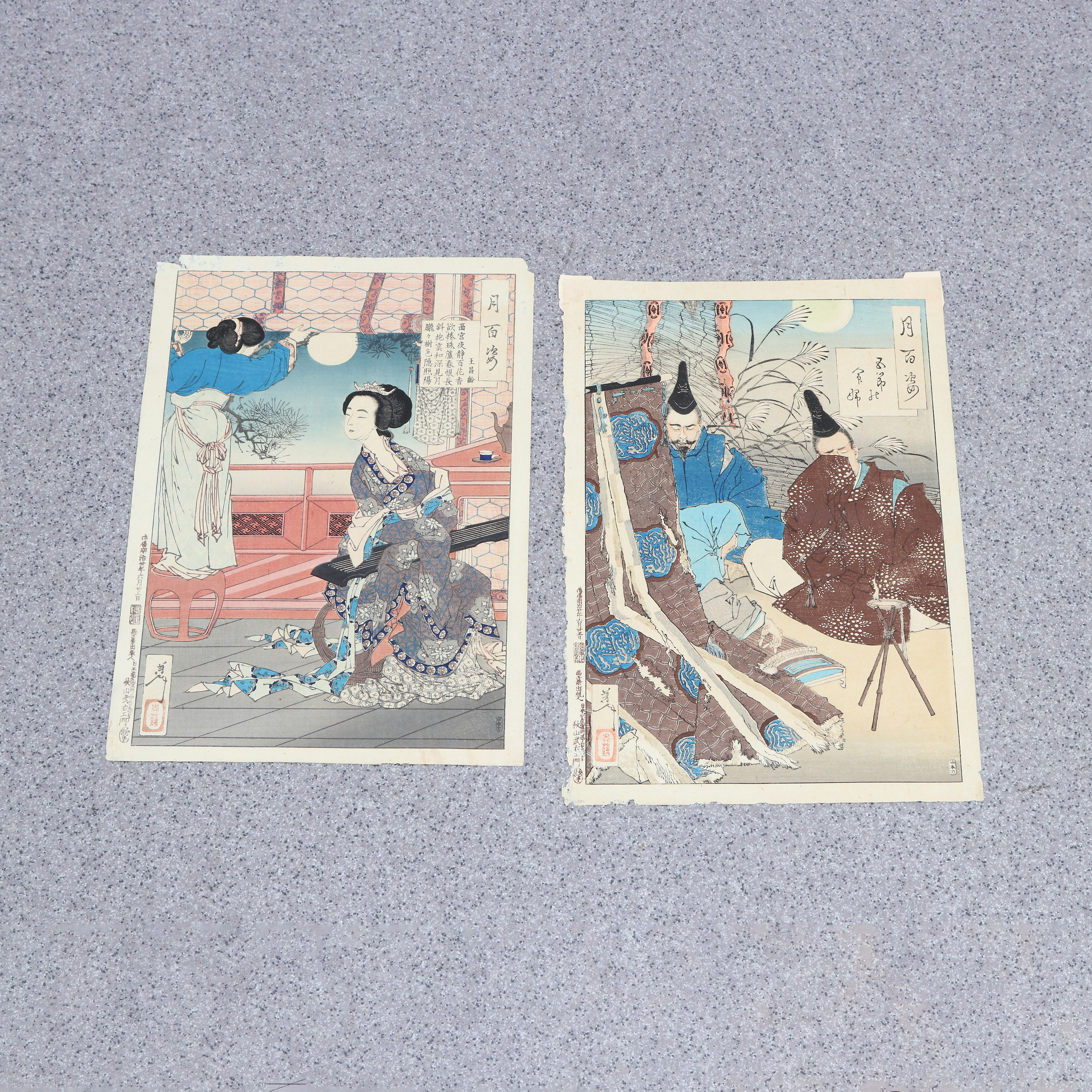 TSUKIOKA YOSHITOSHI. FÄRGTRÄSNITT, TVÅ ST. Japanska figursener.