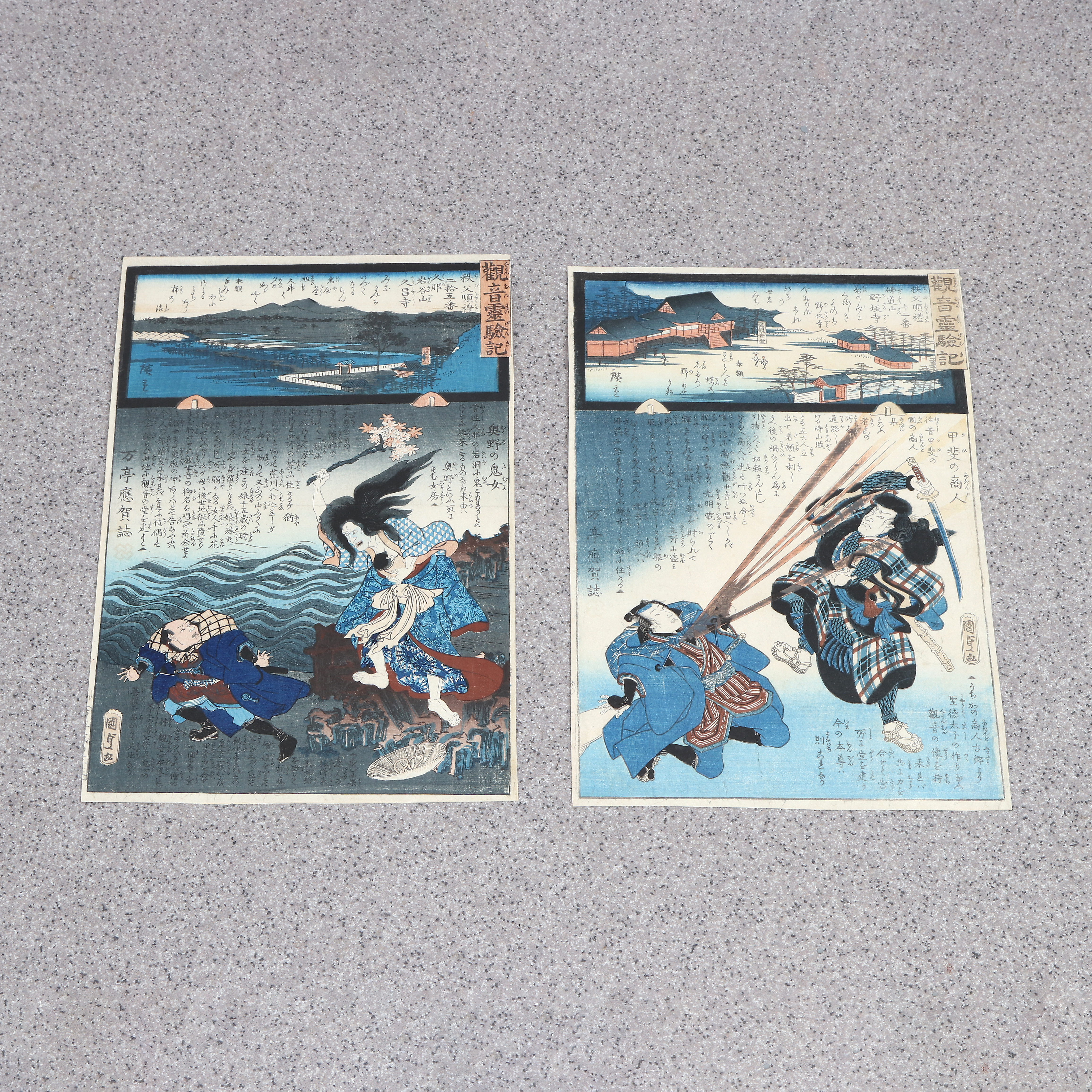 KUNISADA HIROSHIGE. JAPANSKA FÄRGTRÄSNITT, TVÅ ST. Samuraj m.m.