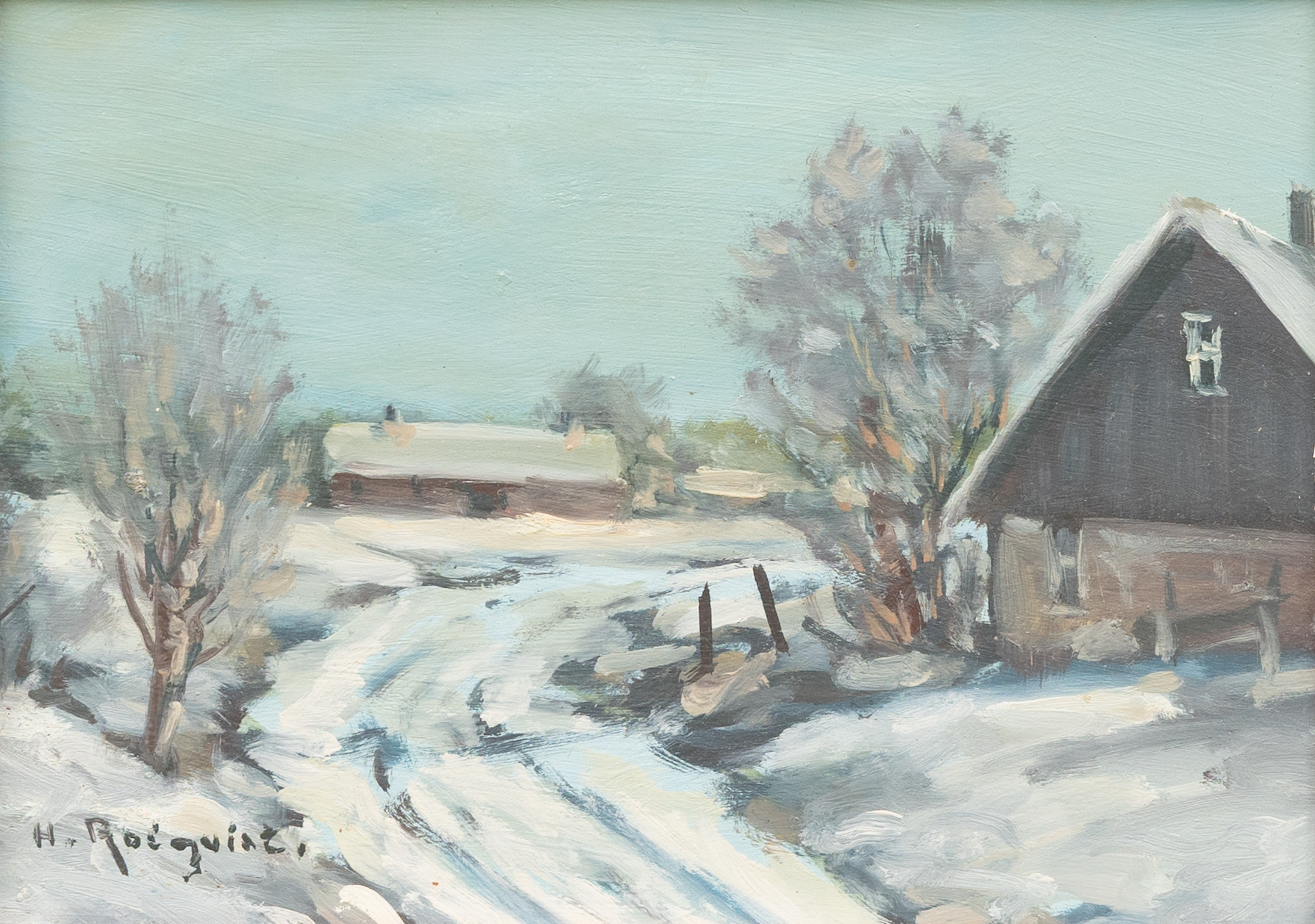 HARRY ROSKVIST (1901-1979). Gårdar i vinterlandskap , olja på pannå, signeread.