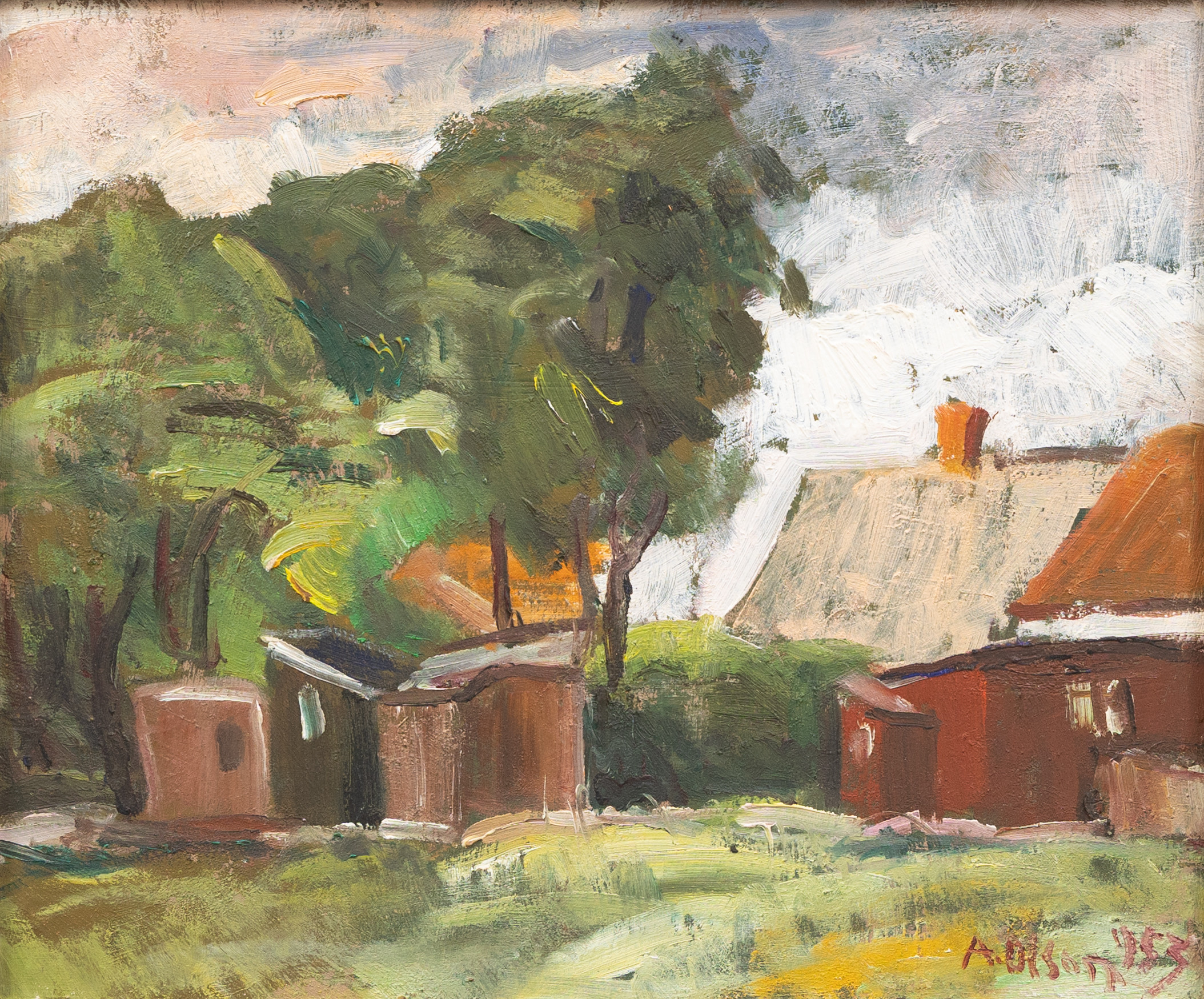 ANDERS OLSON (1880-1955). Gård i landskap, olja på pannå, signerad och daterad 1953.