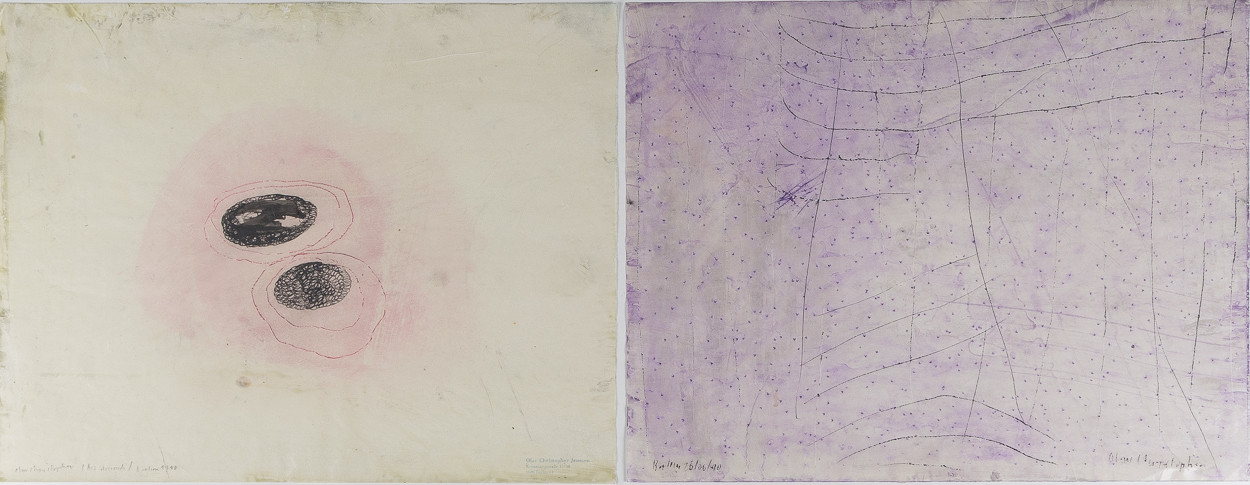 OLAV CHRISTOPHER JENSSEN (NORGE, FÖDD 1954). Kompositioner, 2 stycken, skisser, blandteknik på transparent papper, oramade.