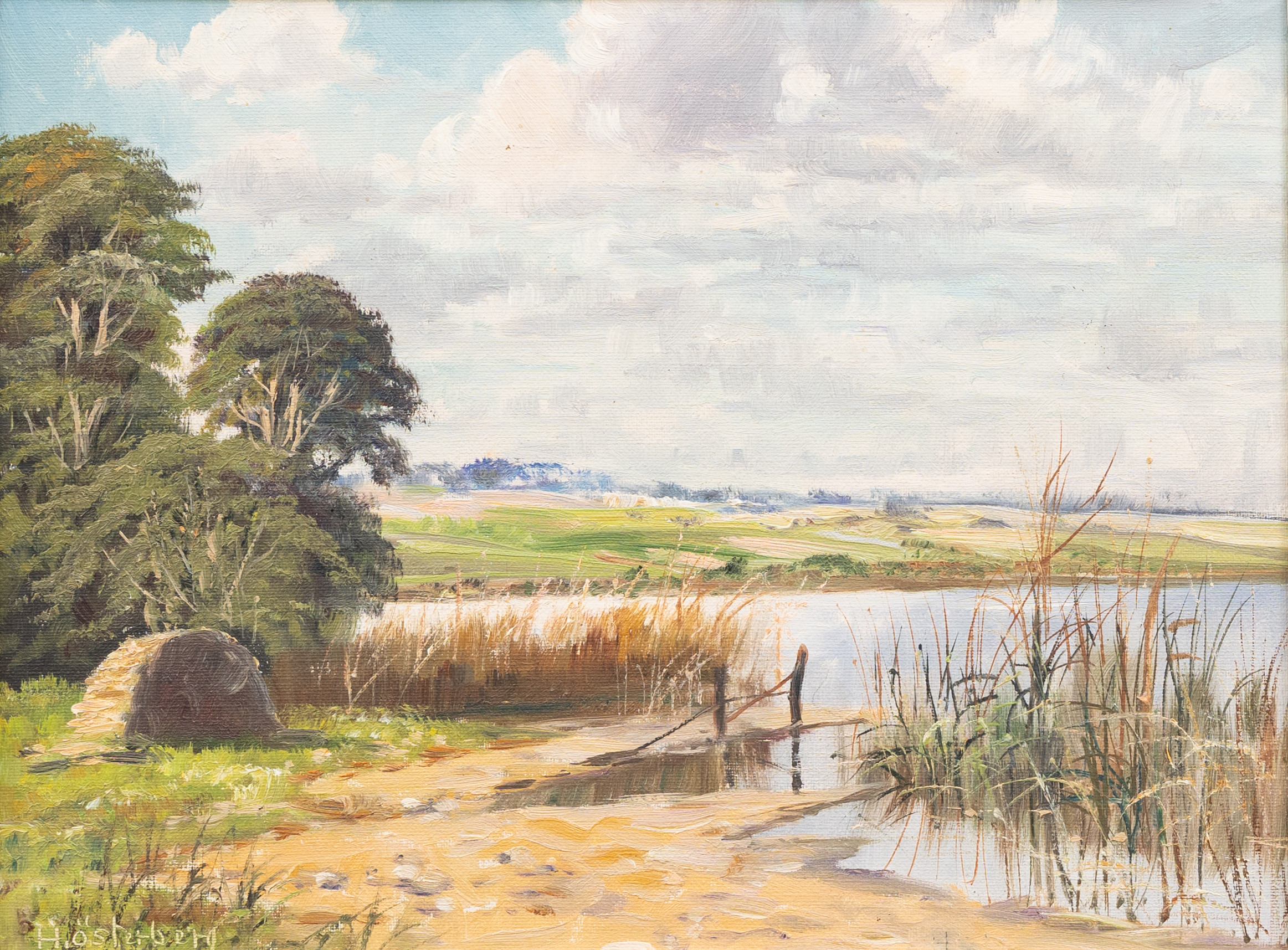 OIDENTIFIERAD KONSTNÄR. Insjölandskap, olja på duk, signerad H Österberg.