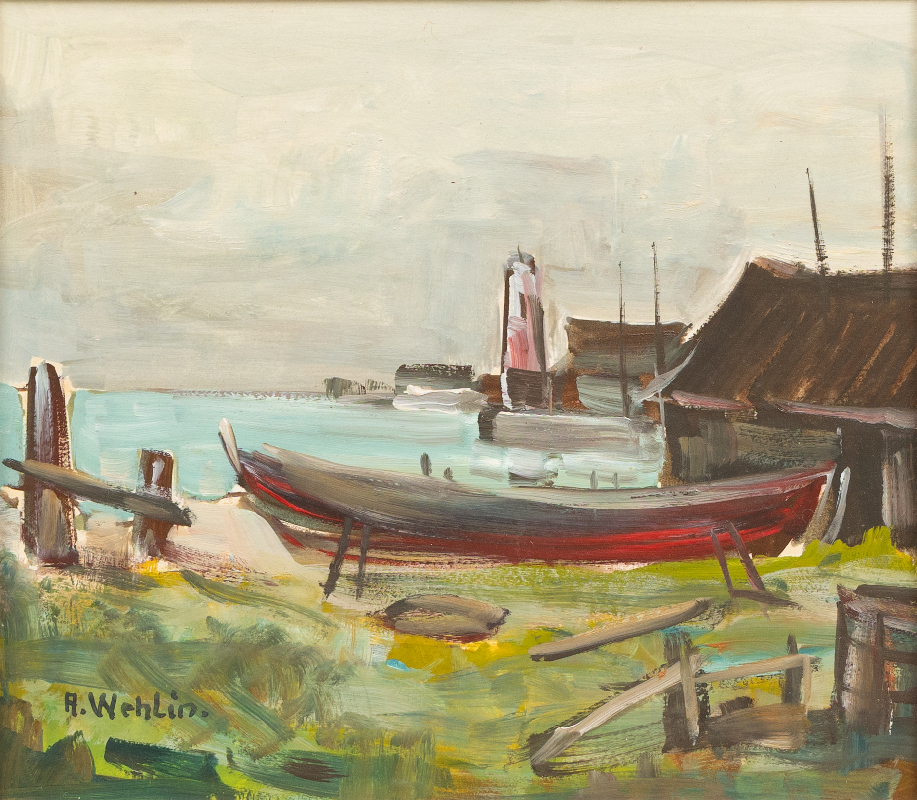 OIDENTIFIERAD KONSTNÄR. Kustmotiv med båt på strand, olja på duk, signerad A Wehlin.