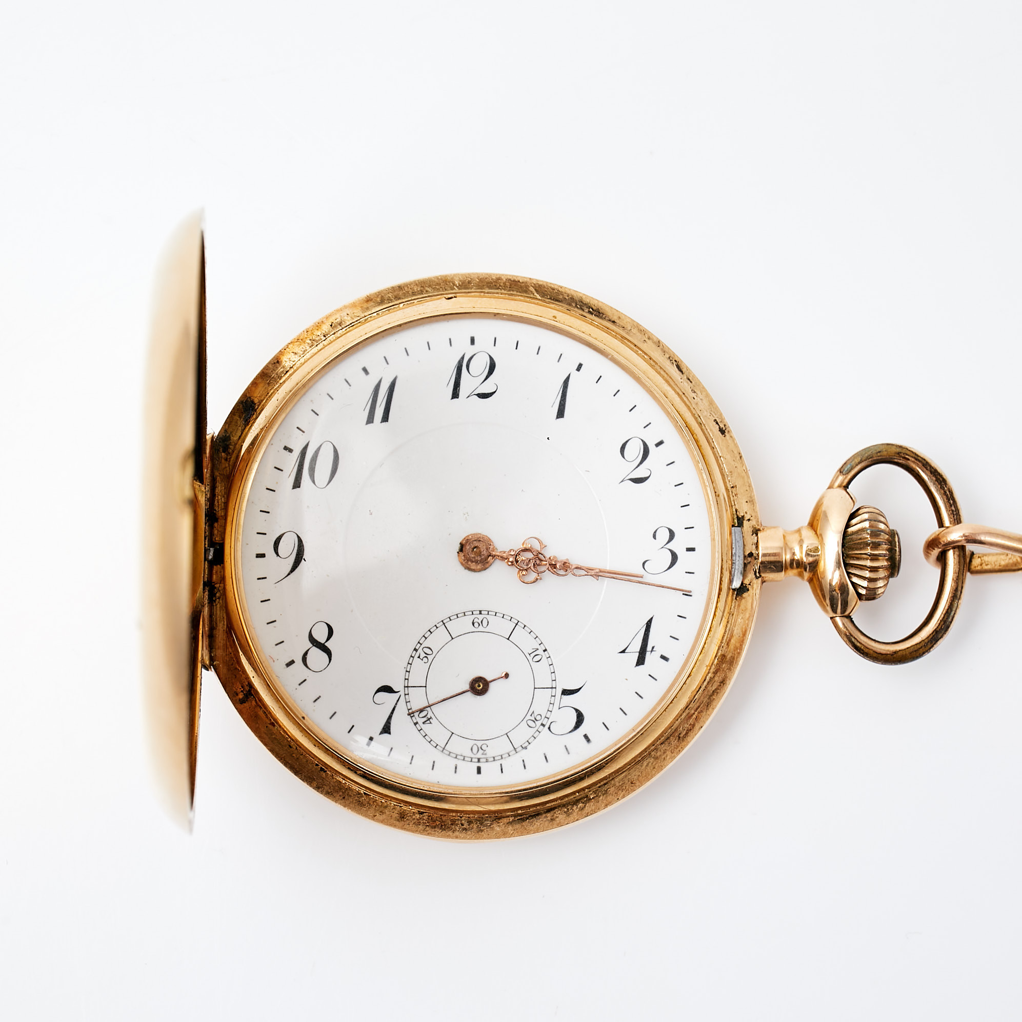 FICKUR, savonett, yttre boett 14 k guld, innerlock metall, ca 51 mm, boett med dekor av graverat monogram, med klockkedja ärtlänk i doublé, grönt etui.