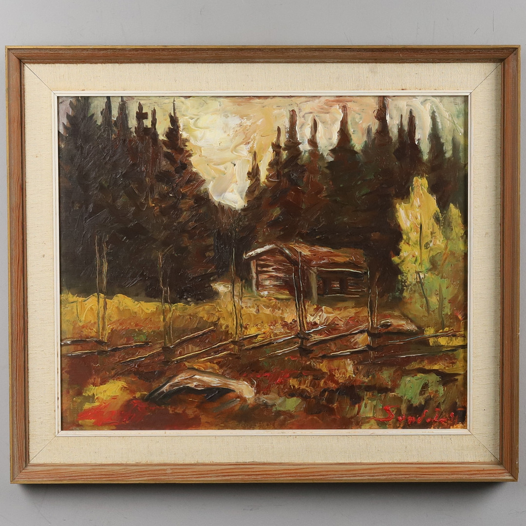 OIDENTIFIERAD KONSTNÄR. OLJA PÅ PANNÅ, "Stuga i skogsbrynet", signerad "Sandelin".