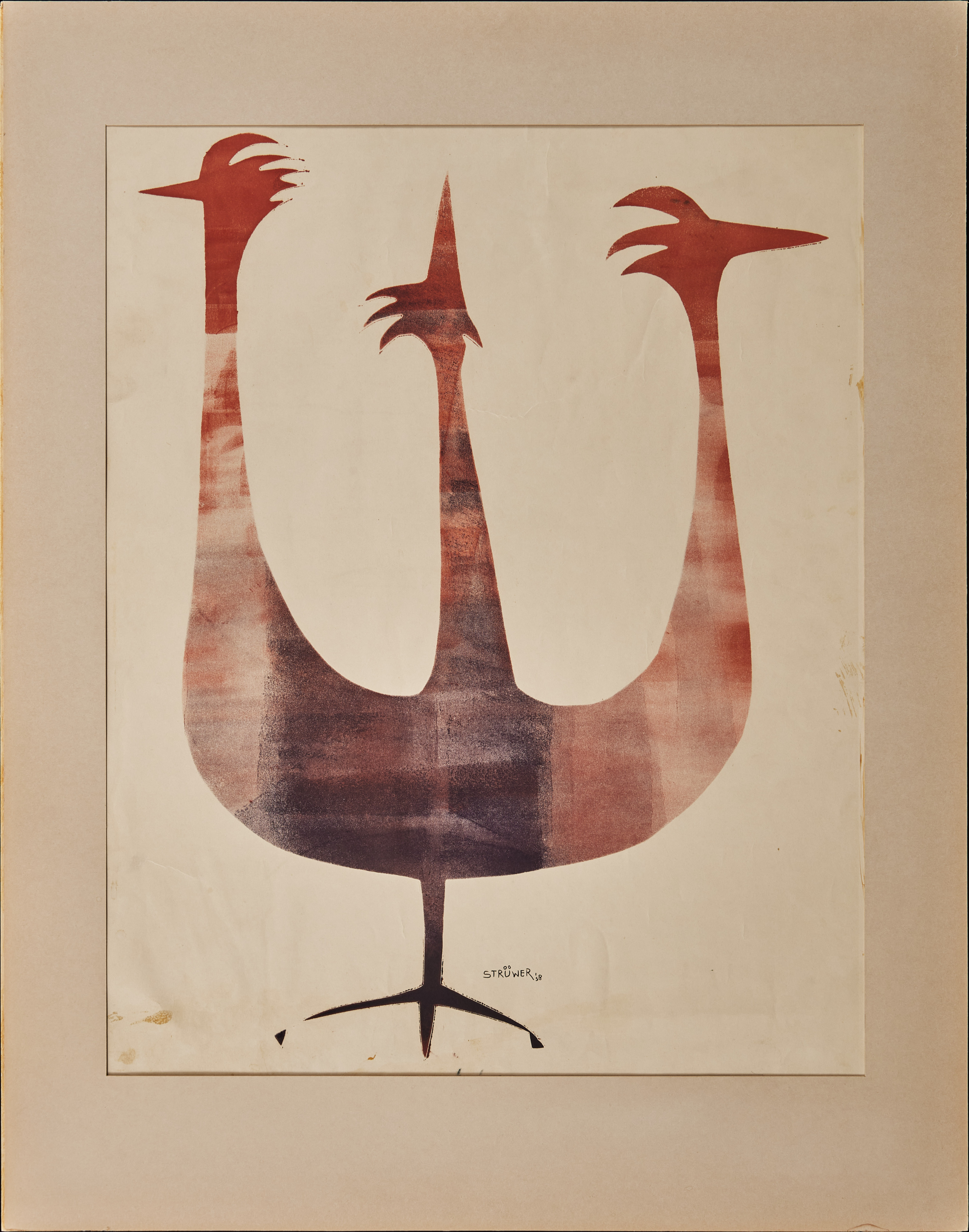 ARDY STRÜWER. Tuppar, linoleumsnitt i färg, signerad och daterad Strüwer 58.