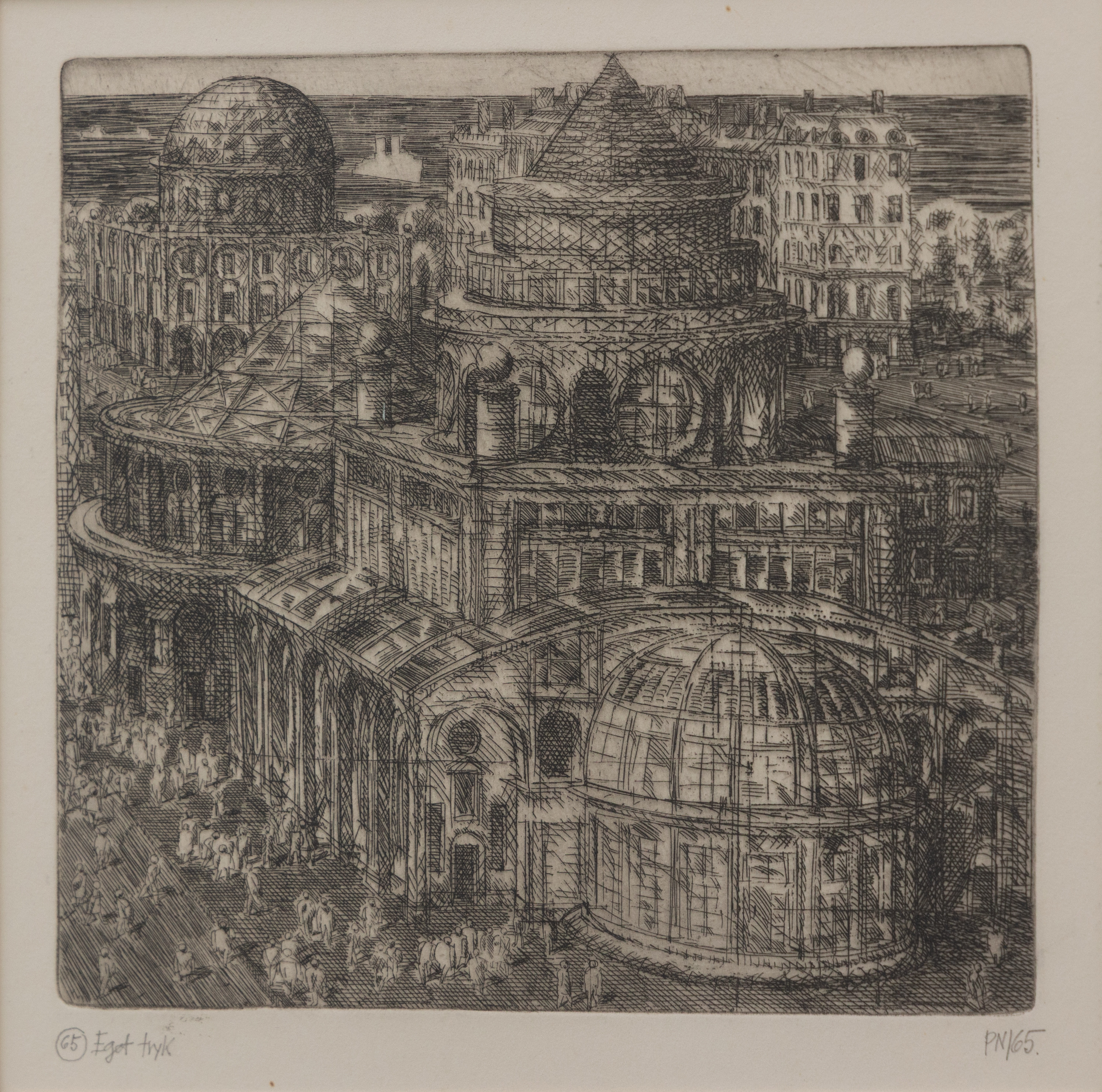 PALLE NIELSEN (DANMARK 1920-2000). Kyrkobyggnad, etsning, eget tryck, signerad och daterad -65.