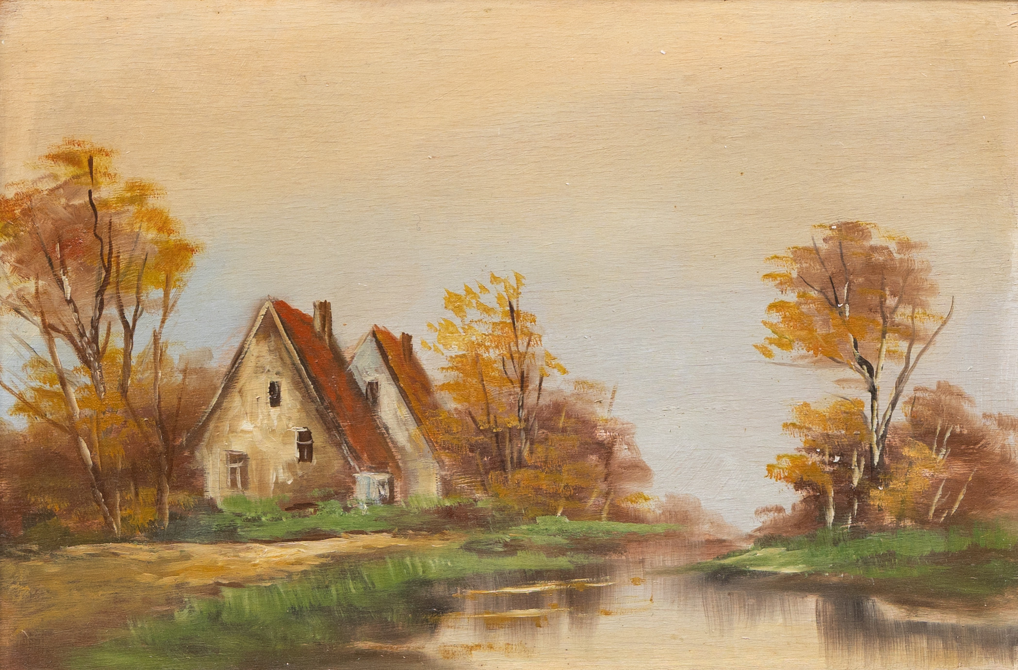 OKÄND KONSTNÄR. Hus vid insjö, olja på pannå, osignerad.