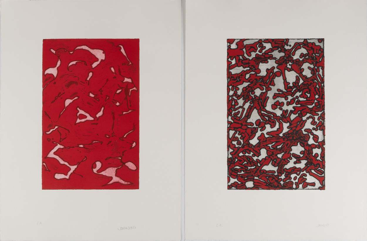 JOHAN SCOTT (SVERIGE, FÖDD 1953). Kompositioner, 2 stycken, etsningar, oramade blad.